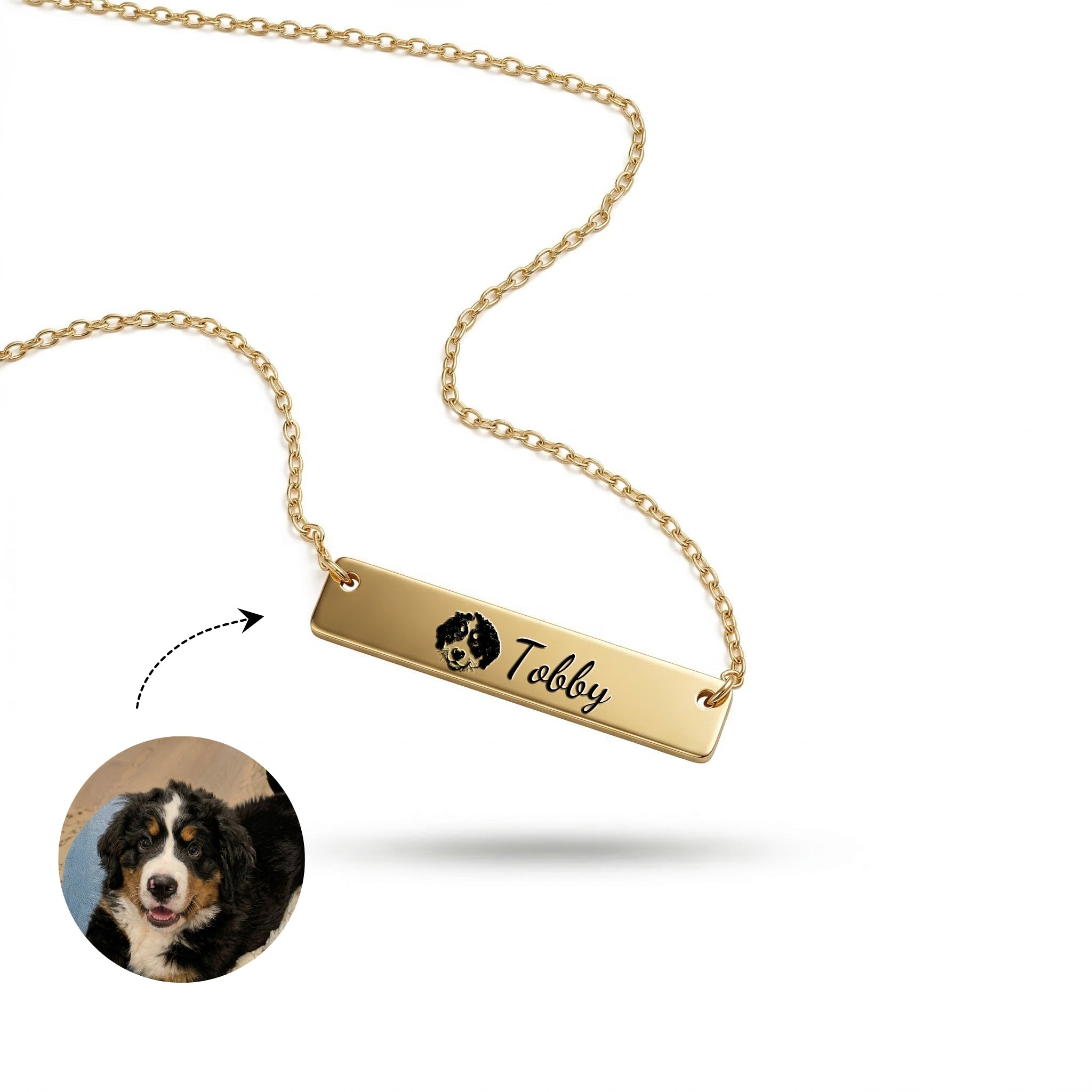 Gold pet portrait bar necklace with hand-drawn portrait and name engraving on white background