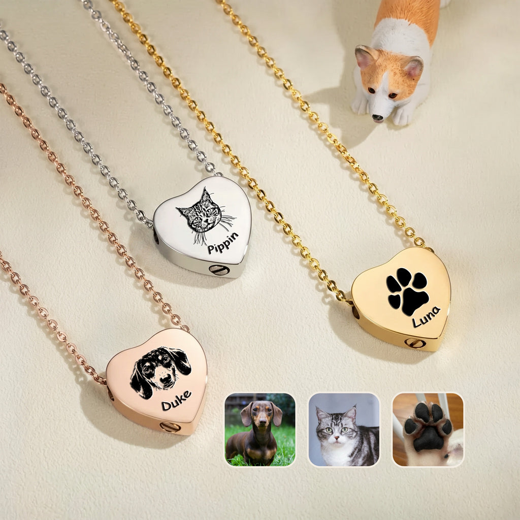 Personalized pet photo heart urn necklace in three finishes — rhodium, 18k gold and 18k rose gold — with hand-drawn pet portraits and names engraved