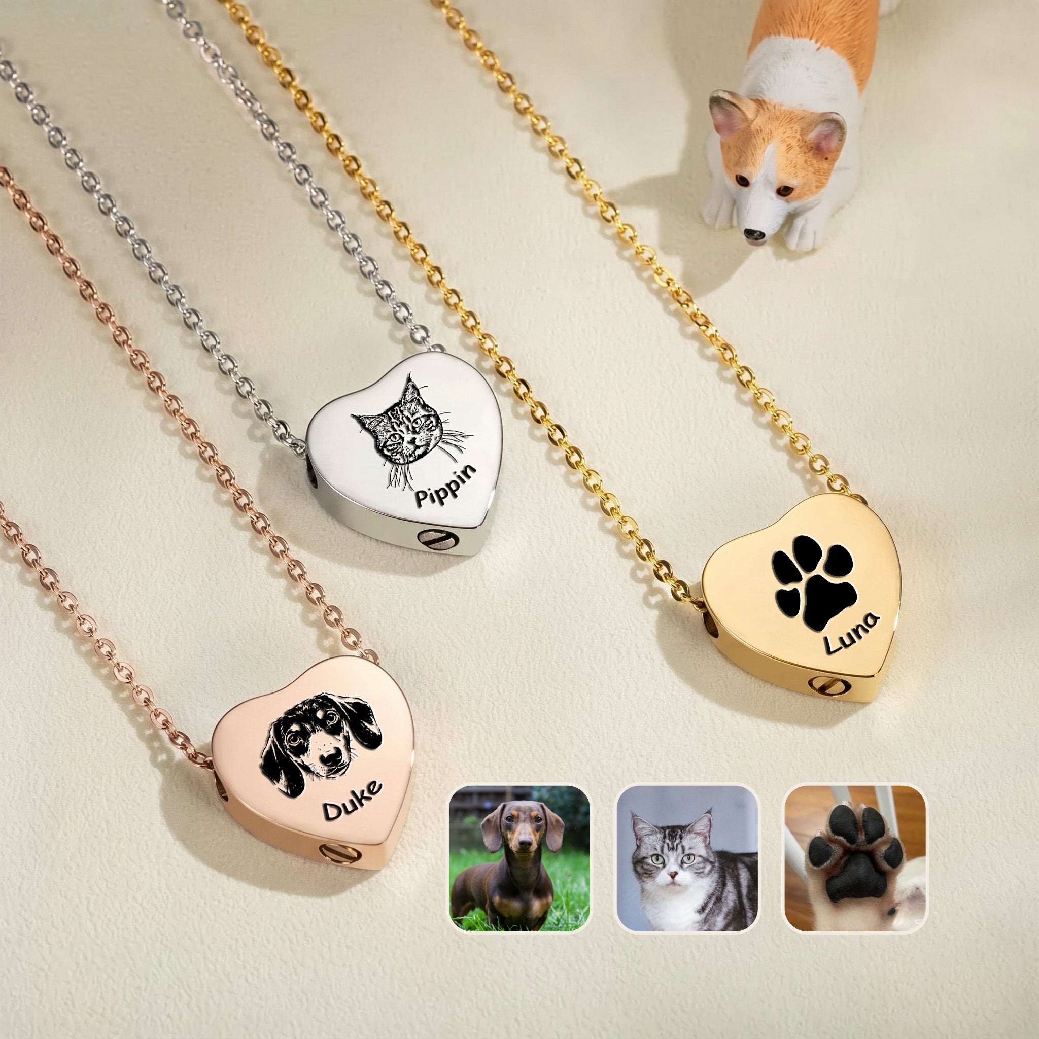 Personalized pet photo heart urn necklace in three finishes — rhodium, 18k gold and 18k rose gold — with hand-drawn pet portraits and names engraved