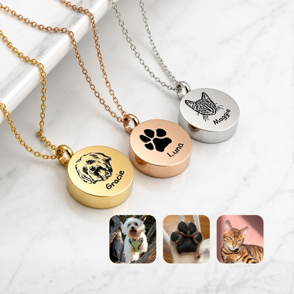 Pet photo disc urn necklace in three finishes with hand-drawn pet portraits, gold rose gold and silver cremation pendants
