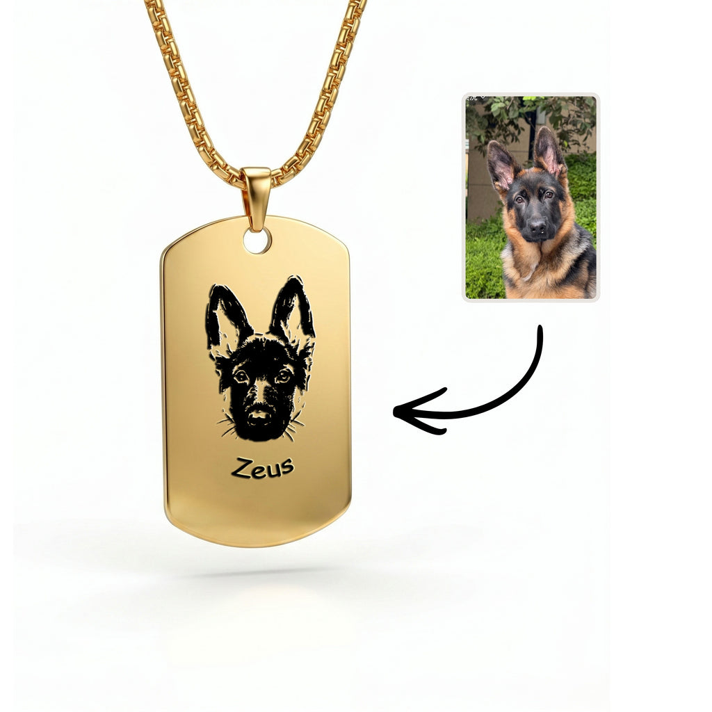 18K gold dog tag pendant necklace with hand-drawn German Shepherd portrait and name engraving on box chain
