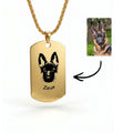 18K gold dog tag pendant necklace with hand-drawn German Shepherd portrait and name engraving on box chain