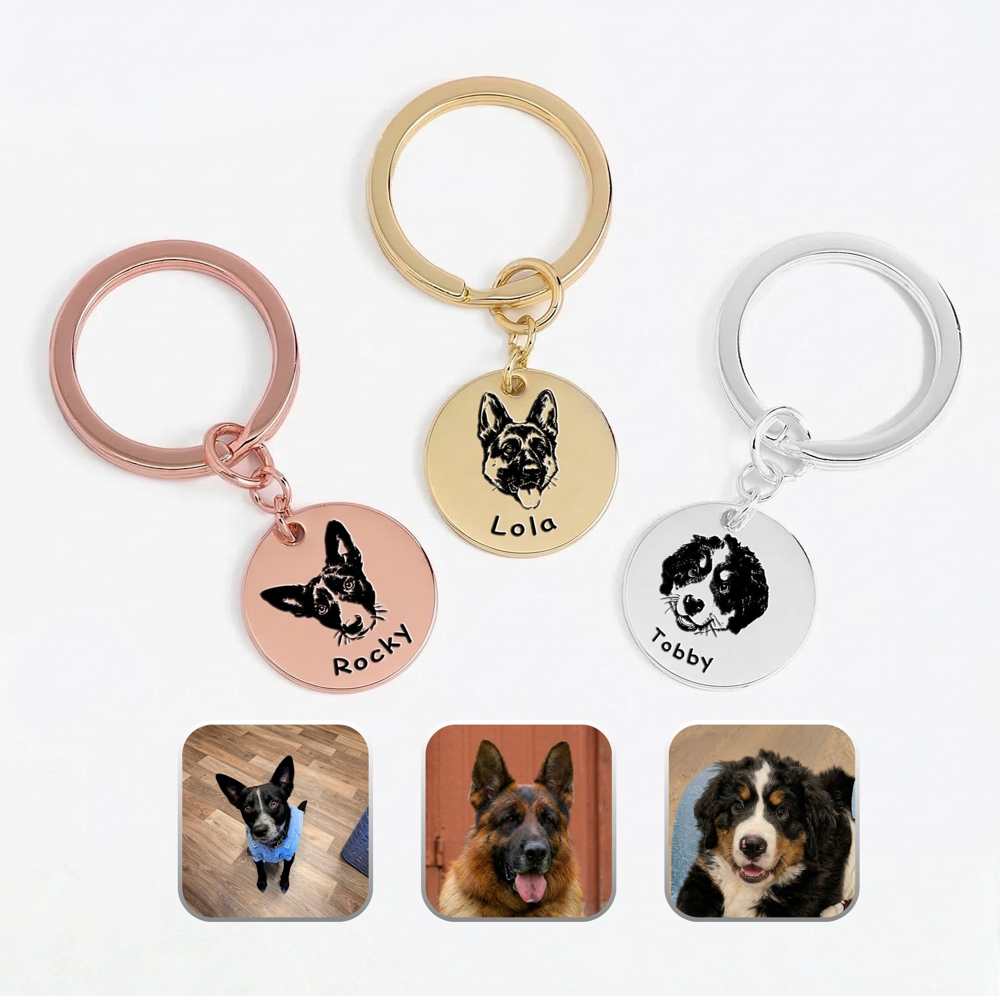 Personalized pet face keychain in rhodium, 18k yellow gold and 18k rose gold — three color variants laid flat