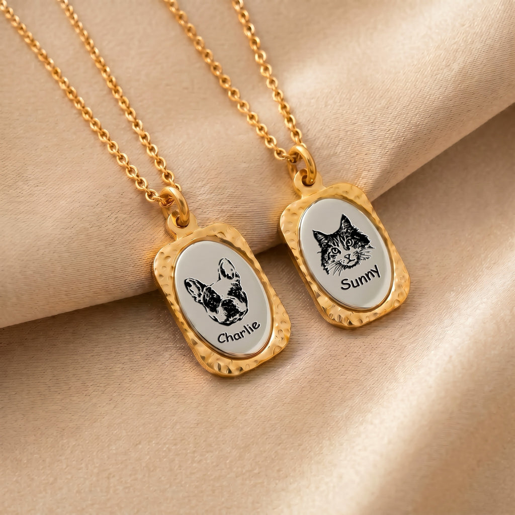 18K gold vintage tag pendant necklace with hand-drawn pet portraits and names engraved on hammered frame pendants