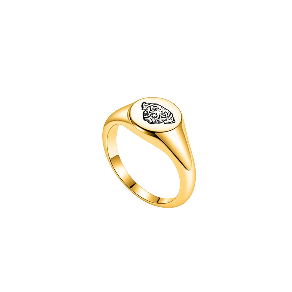 Custom pet face ring — gold signet-style band with laser-engraved portrait on round face