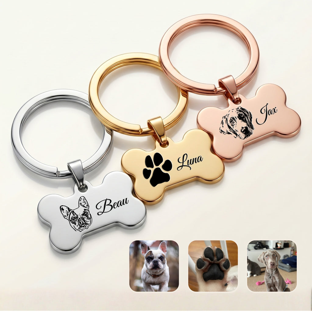 Personalized pet bone keychain shown in three plating finishes (rhodium silver, 18k yellow gold, 18k rose gold) — each with a hand-drawn pet portrait + script name engraved on the front