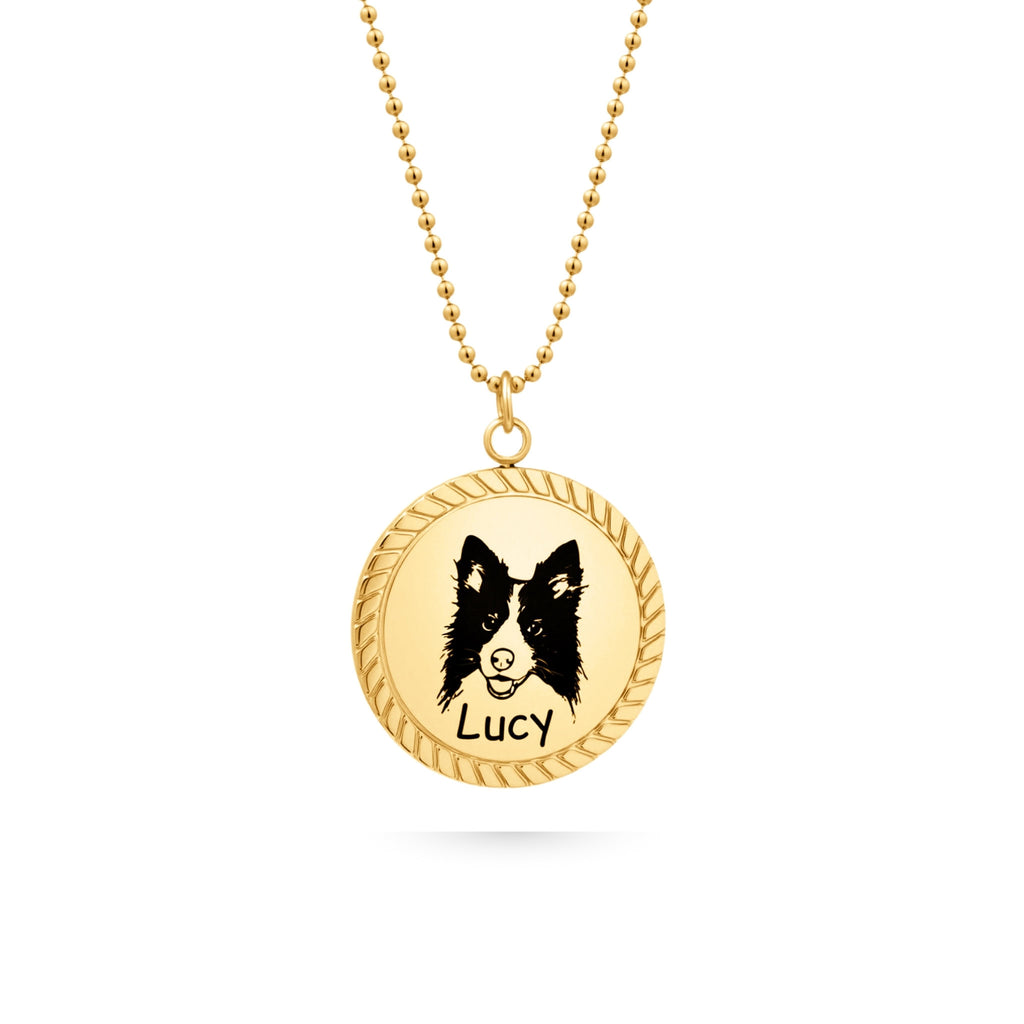 Gold rope edge pet portrait pendant necklace with hand-drawn engraving and name on beaded chain