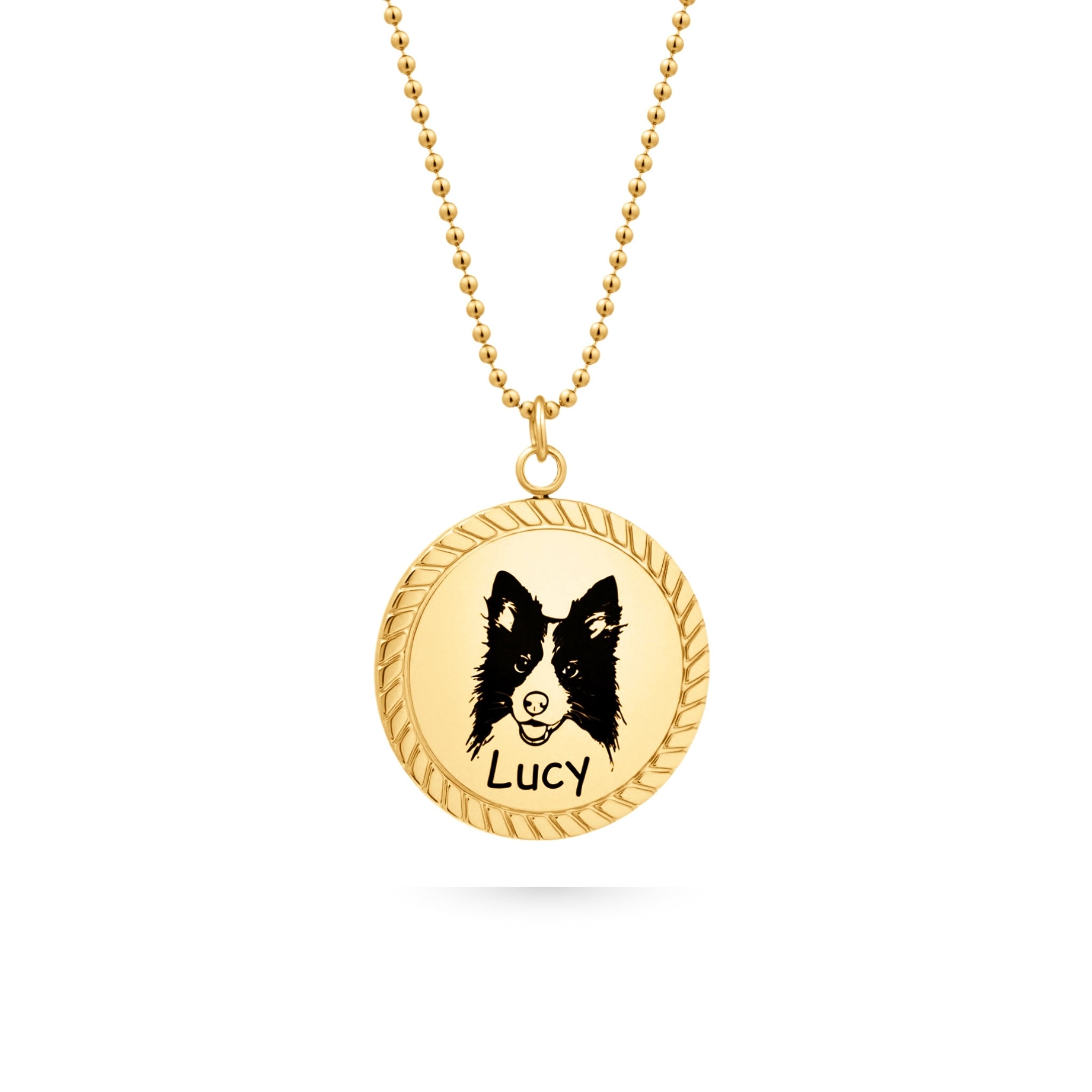 Gold rope edge pet portrait pendant necklace with hand-drawn engraving and name on beaded chain