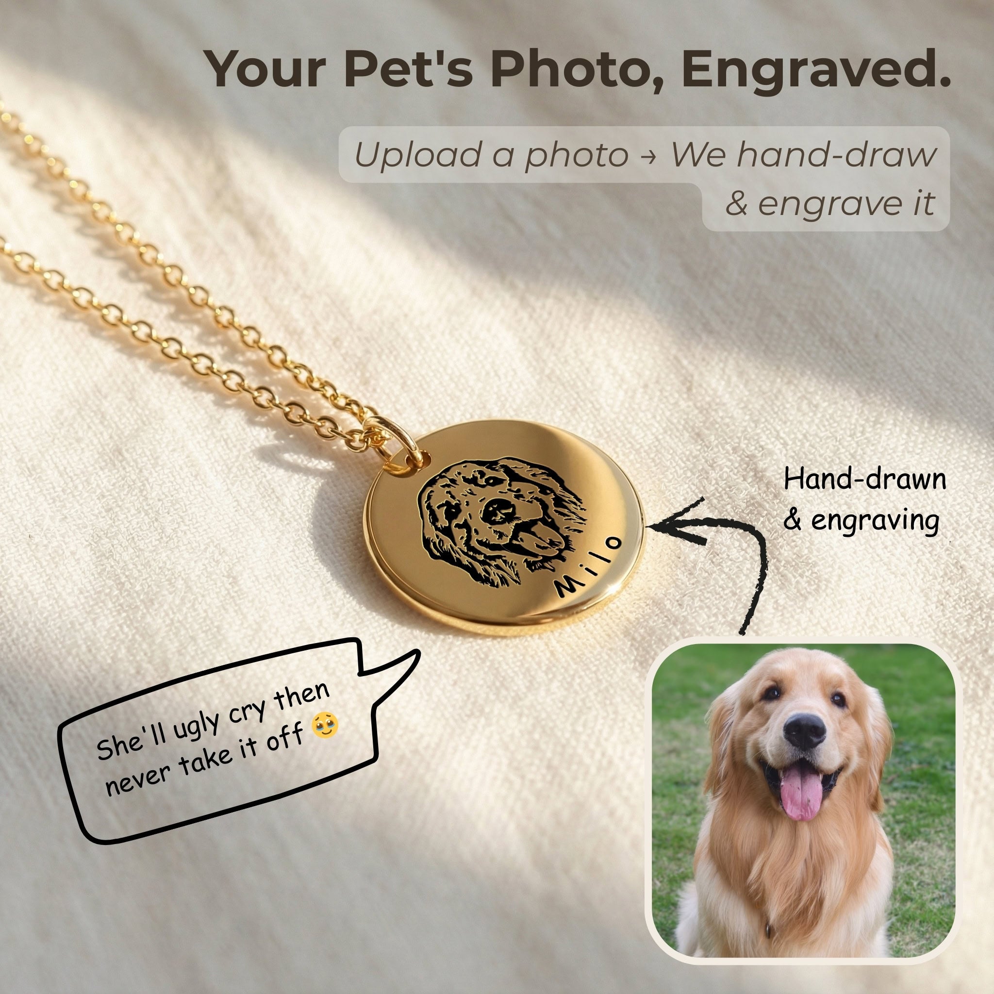 Gold pet face necklace with hand-drawn dog portrait engraving on disc pendant, shown on fabric
