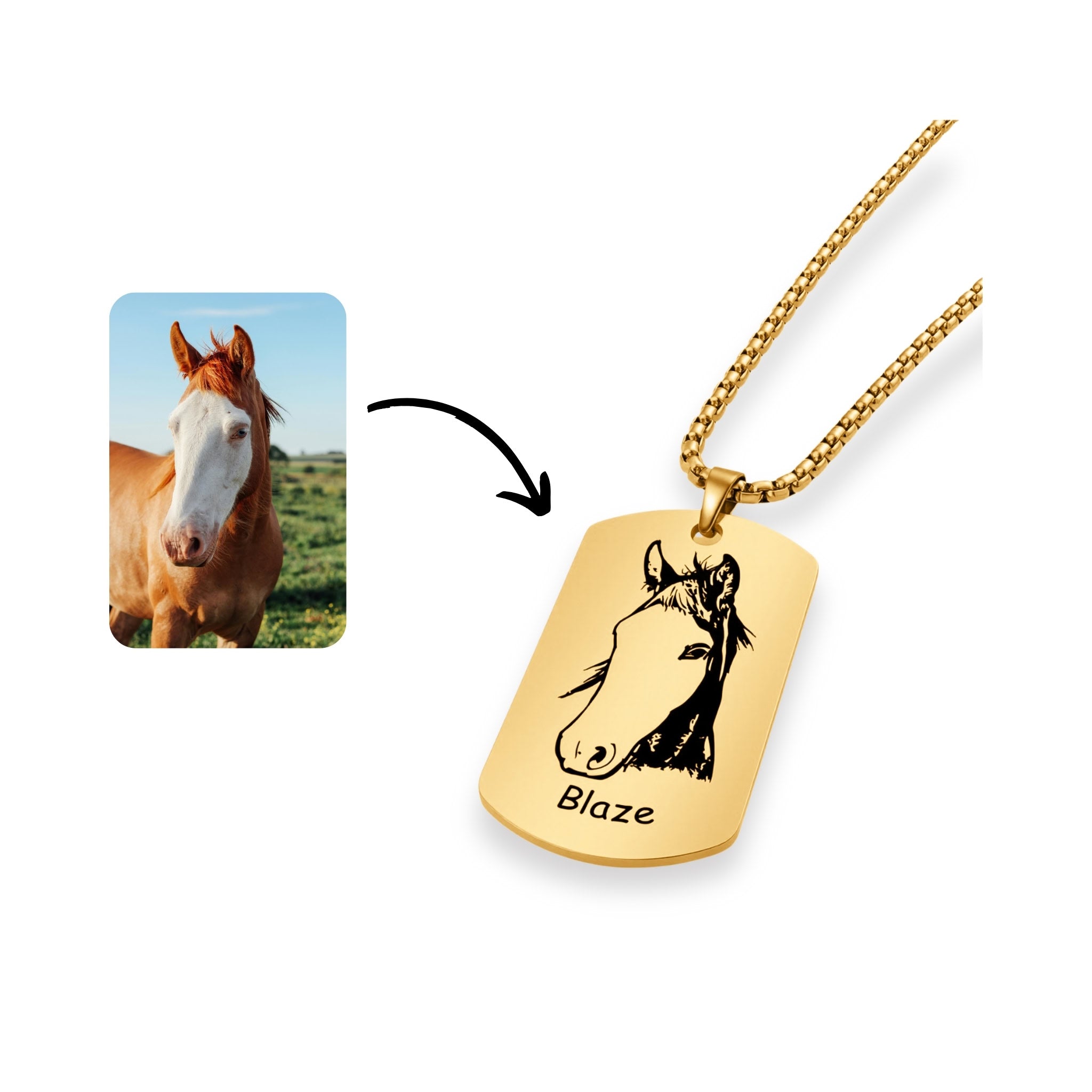 Gold dog tag pendant necklace beside original horse photo showing custom engraving process