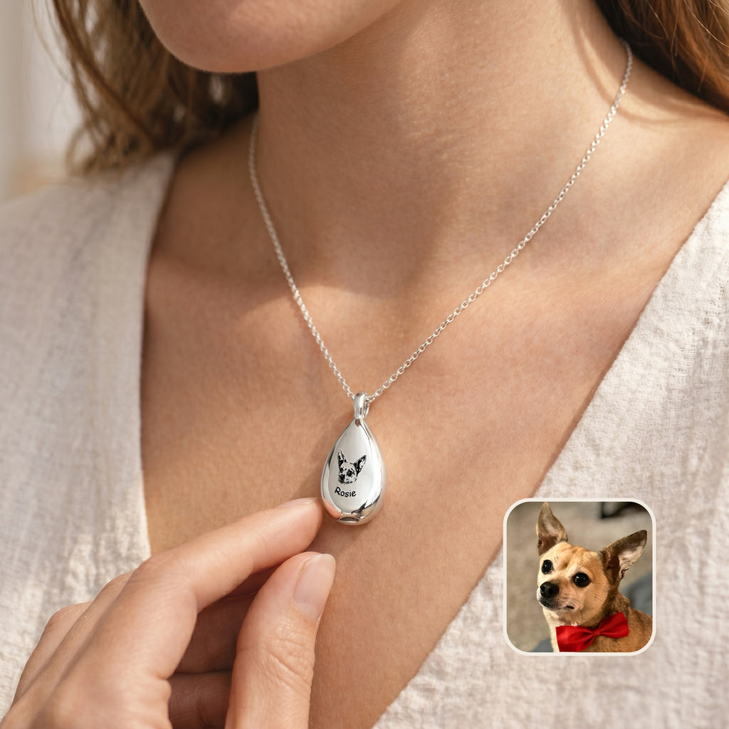 Woman wearing silver teardrop pet photo urn necklace with dog portrait, lifestyle close-up with inset reference photo