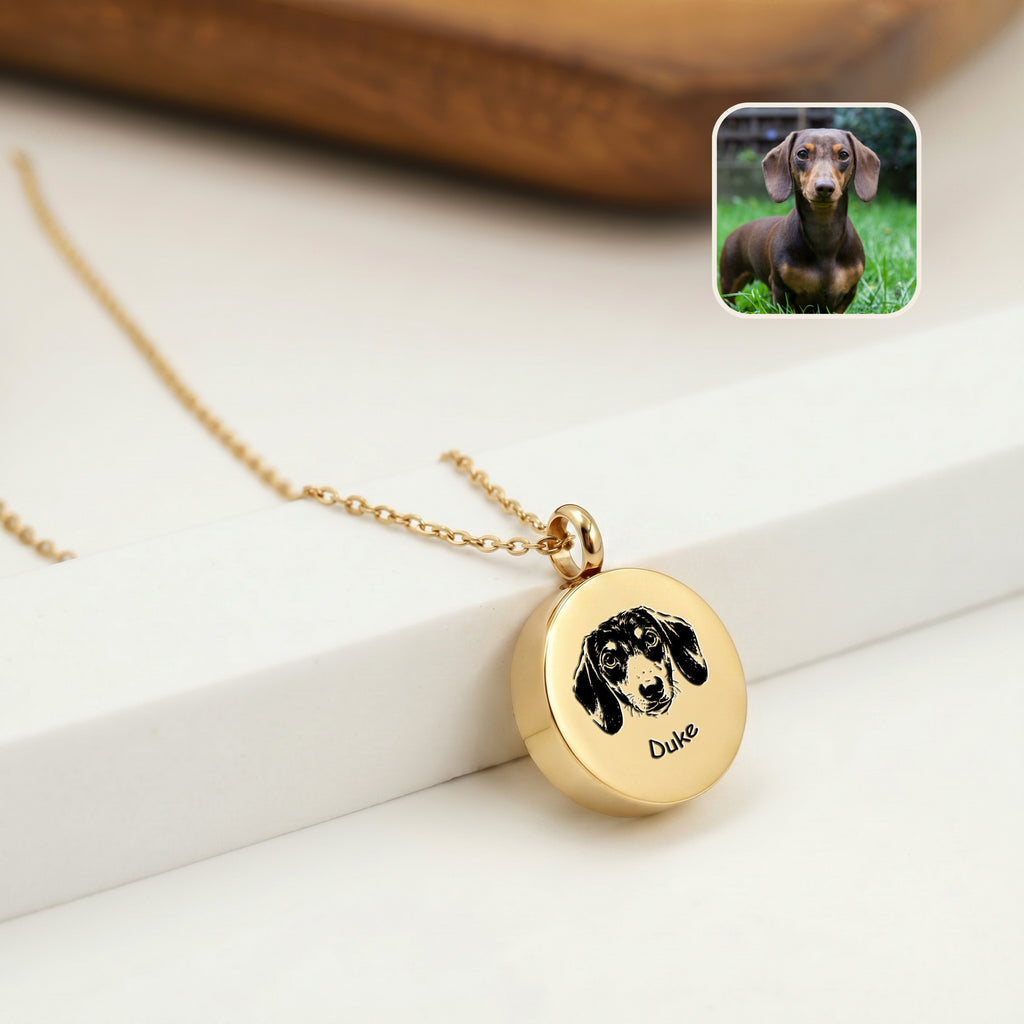 18K gold pet ashes necklace with hand-drawn dachshund portrait engraved on disc urn pendant, single pendant studio shot