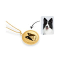 Gold rope edge pendant necklace beside original pet photo showing custom engraving process