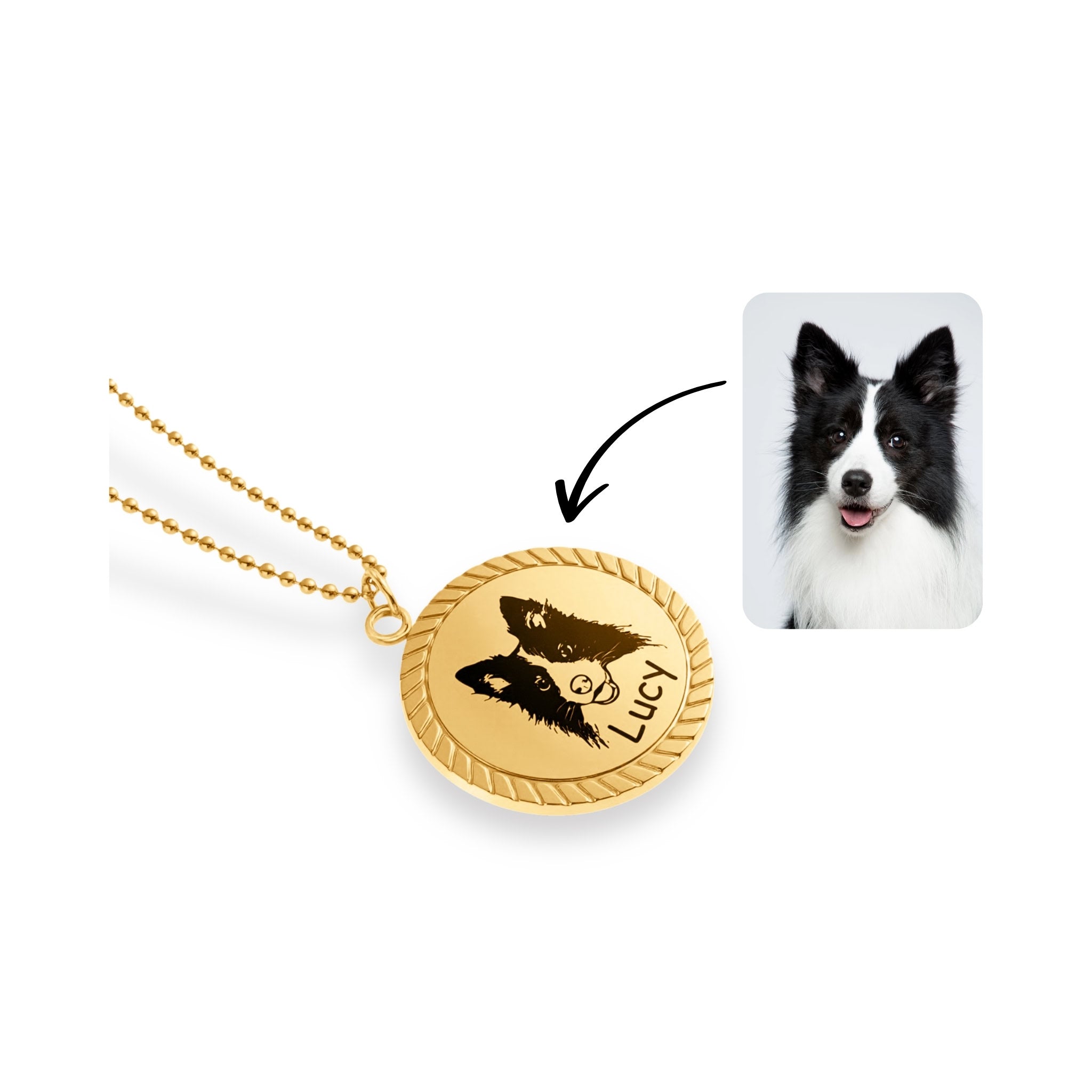 Gold rope edge pendant necklace beside original pet photo showing custom engraving process