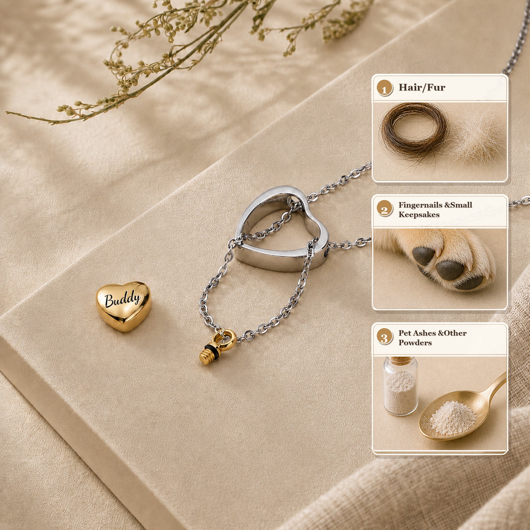 Gold heart urn necklace infographic showing what fits inside — hair, fur, fingernails, pet ashes