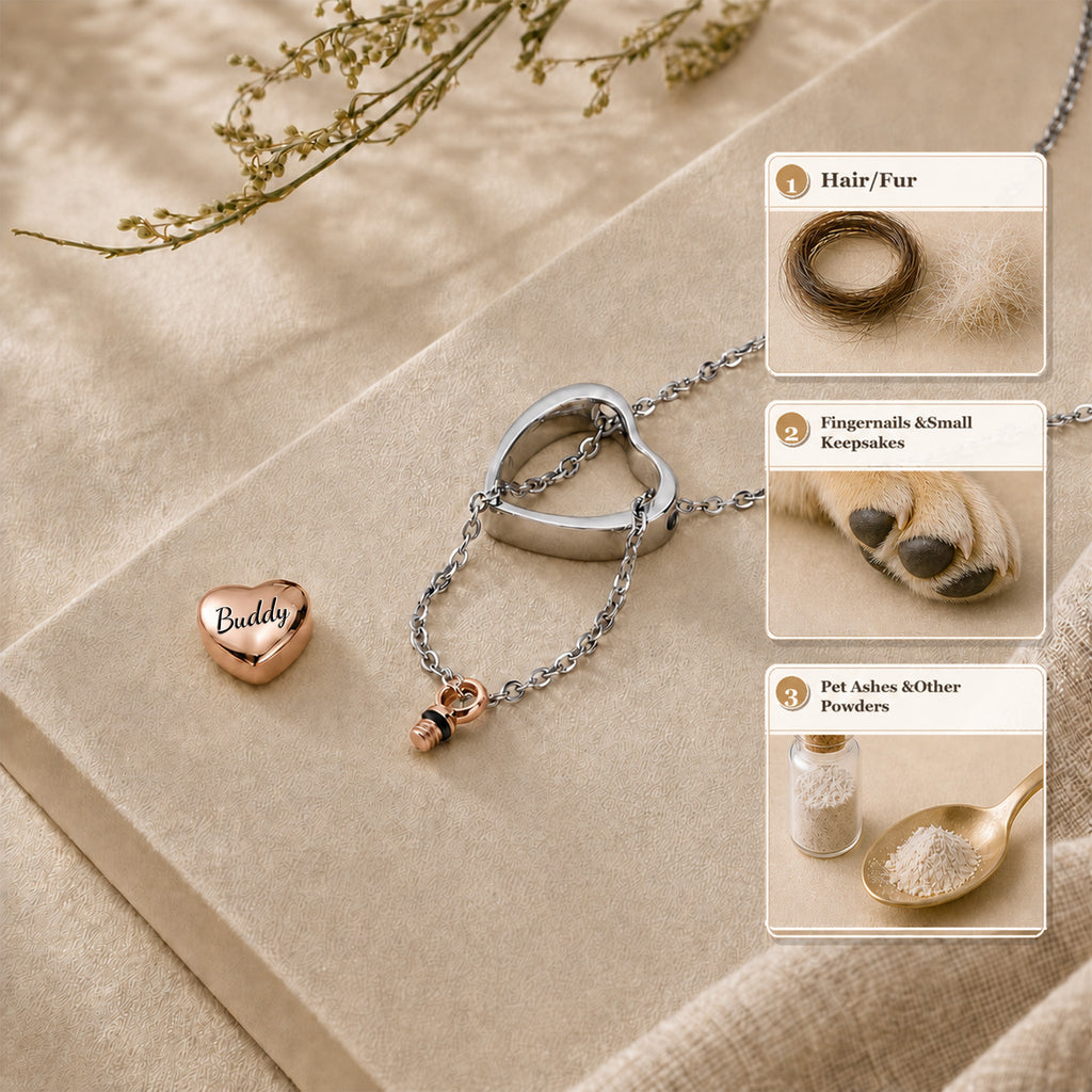 Rose gold heart urn necklace infographic showing what fits inside — hair, fur, fingernails, pet ashes
