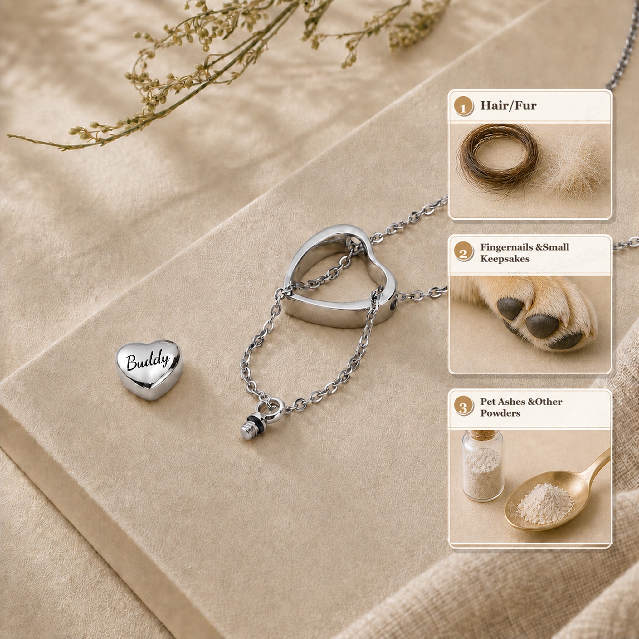 Rhodium heart urn necklace infographic showing what fits inside — hair, fur, fingernails, pet ashes