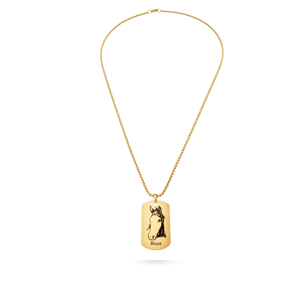 Full-length gold link chain with dog tag shaped pendant featuring laser-engraved pet portrait