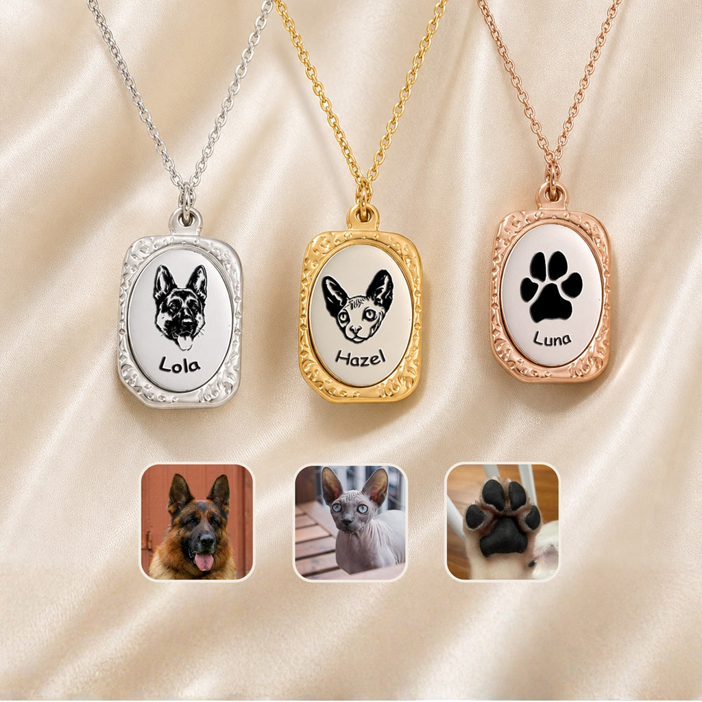 Three vintage tag pendant necklaces in rhodium, 18K gold, and rose gold showing hand-drawn pet portraits with original photos below