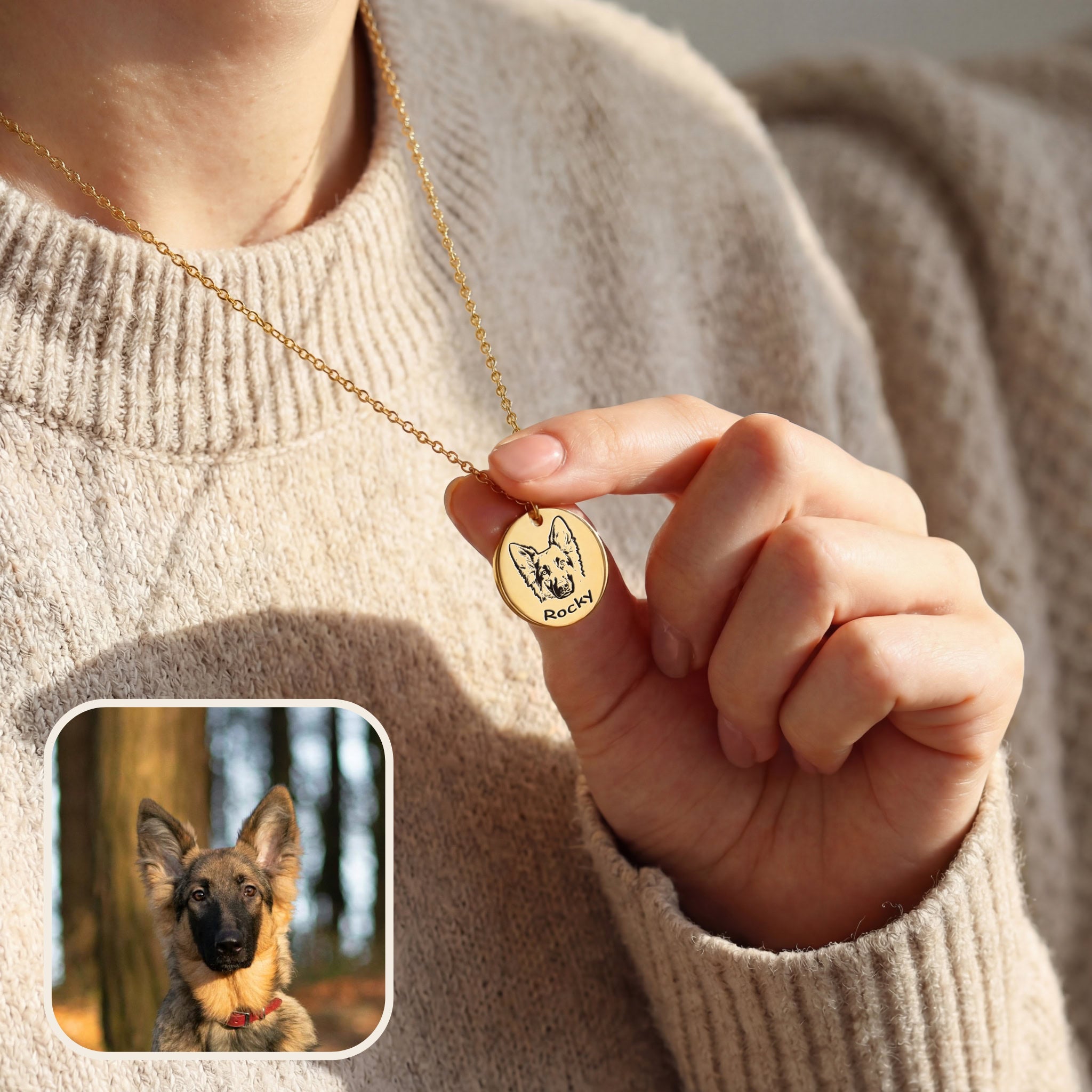 Woman wearing gold pet face necklace with laser-engraved dog portrait pendant, lifestyle view