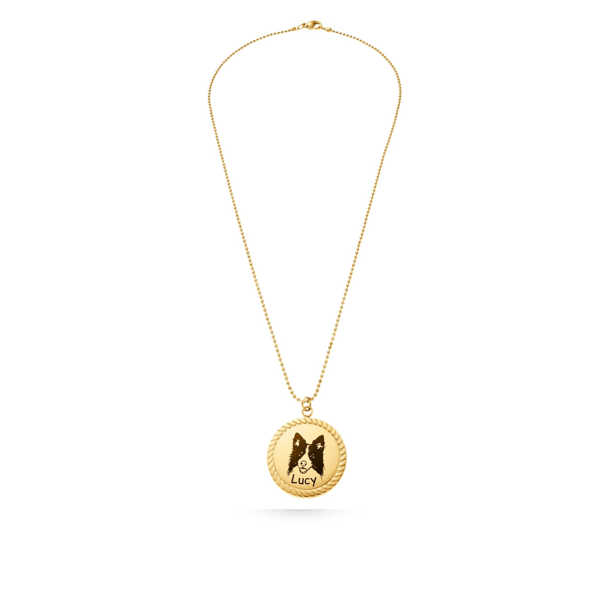 Full-length gold beaded chain with rope edge disc pendant featuring laser-engraved pet portrait