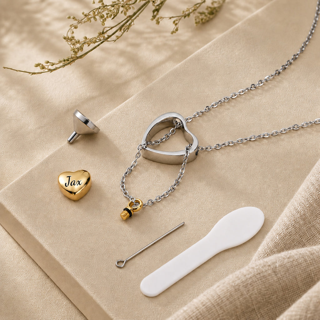 Gold heart urn pendant with filling kit — funnel and pin included