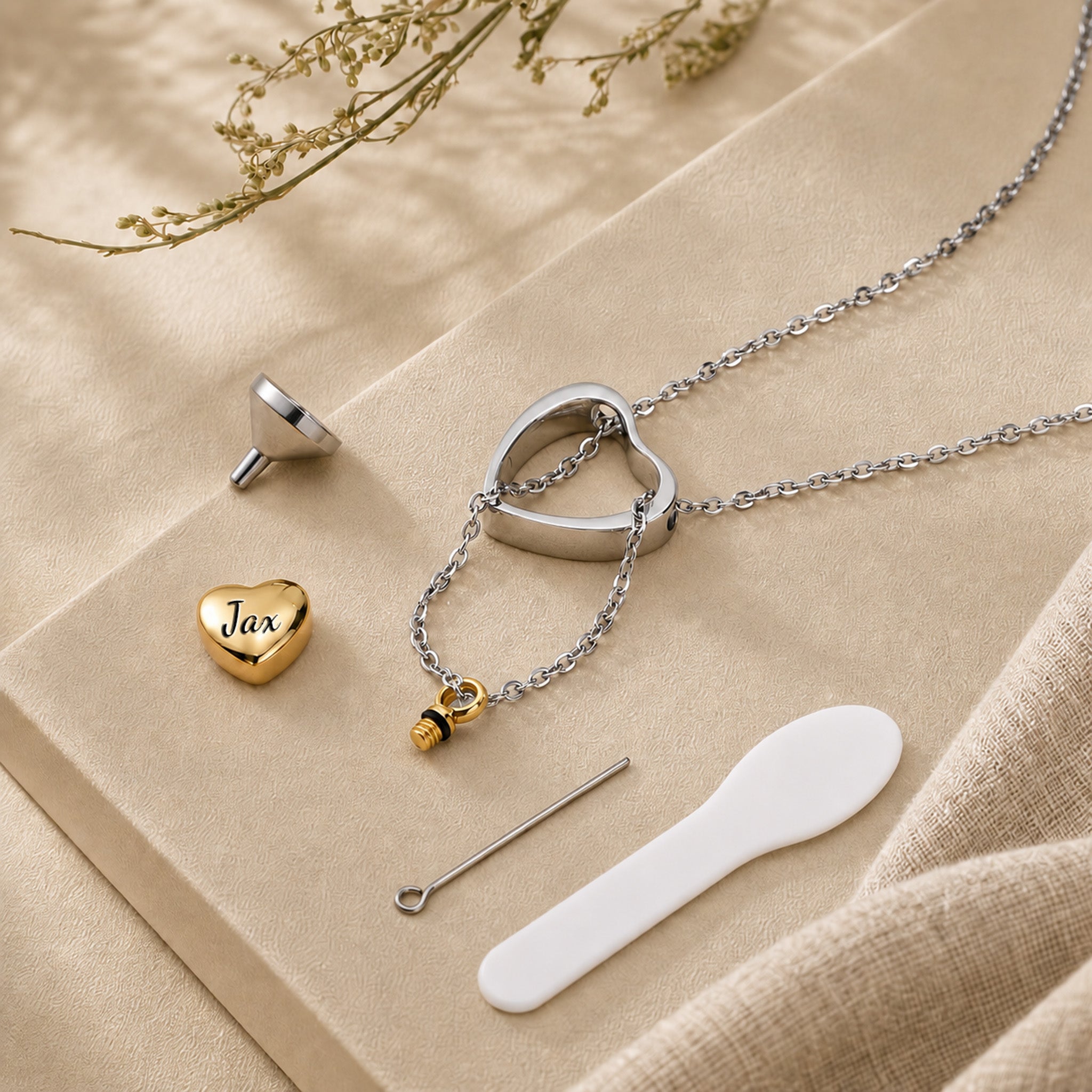Gold heart urn pendant with filling kit — funnel and pin included