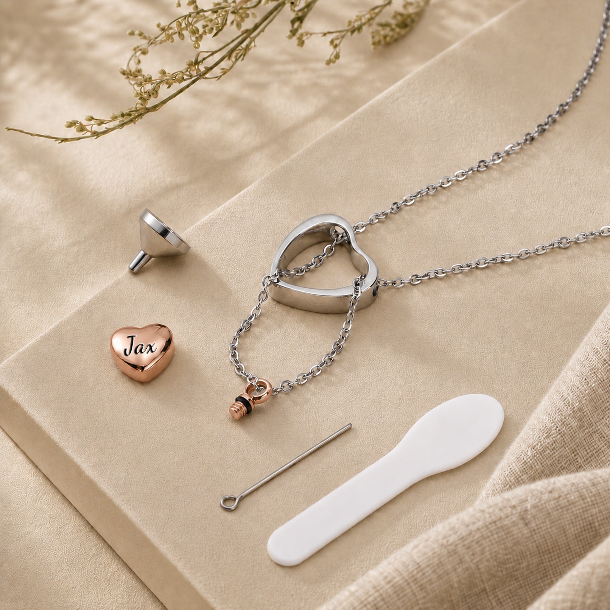 Rose gold heart urn pendant with filling kit — funnel and pin included