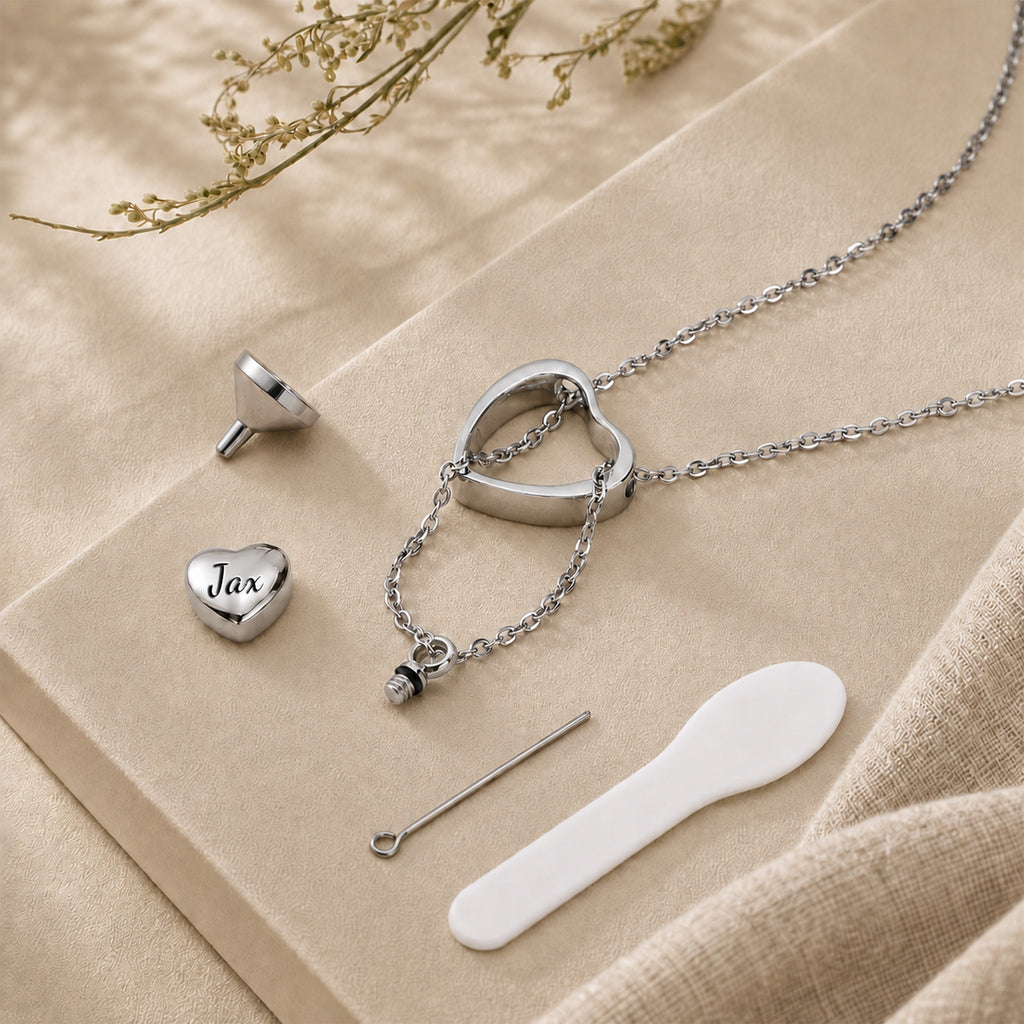 Rhodium heart urn pendant with filling kit — funnel and pin included