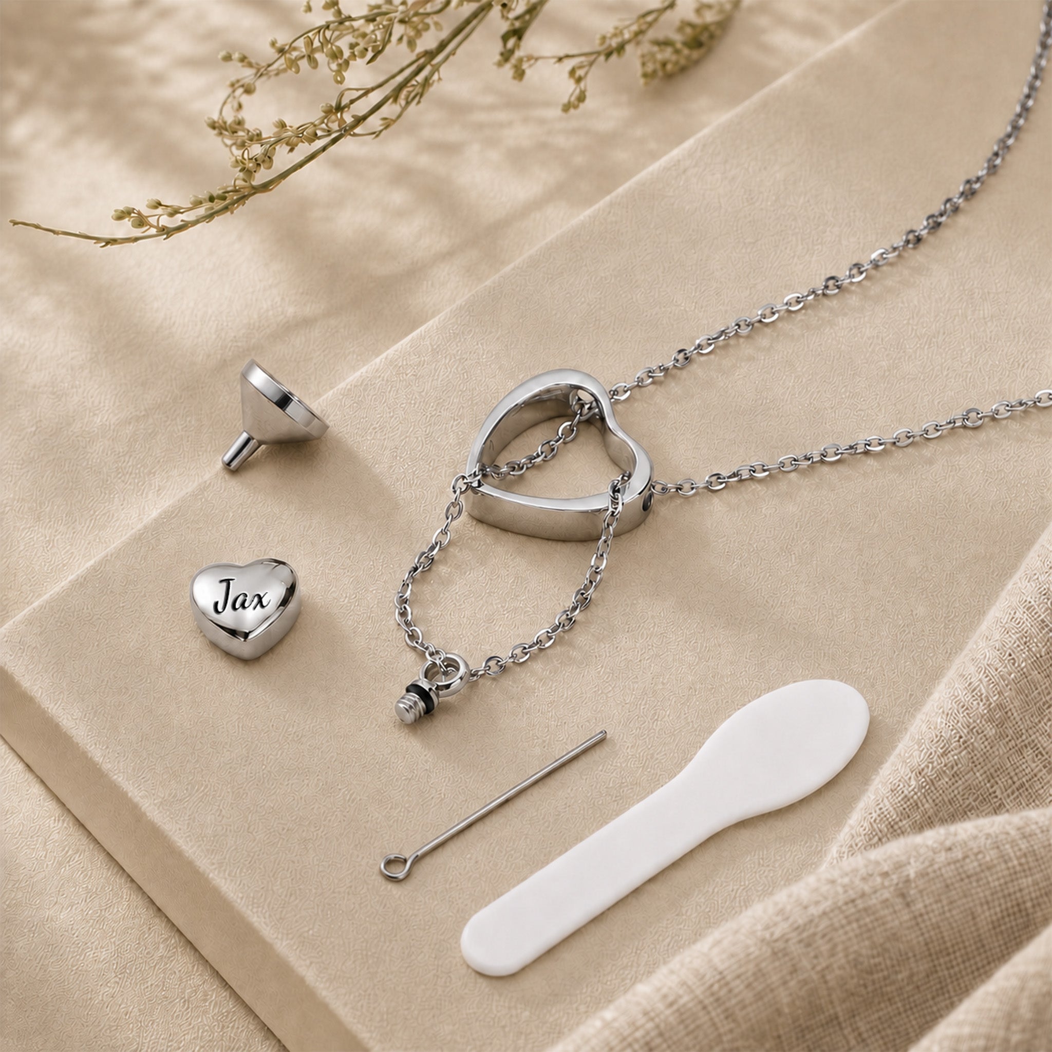 Rhodium heart urn pendant with filling kit — funnel and pin included