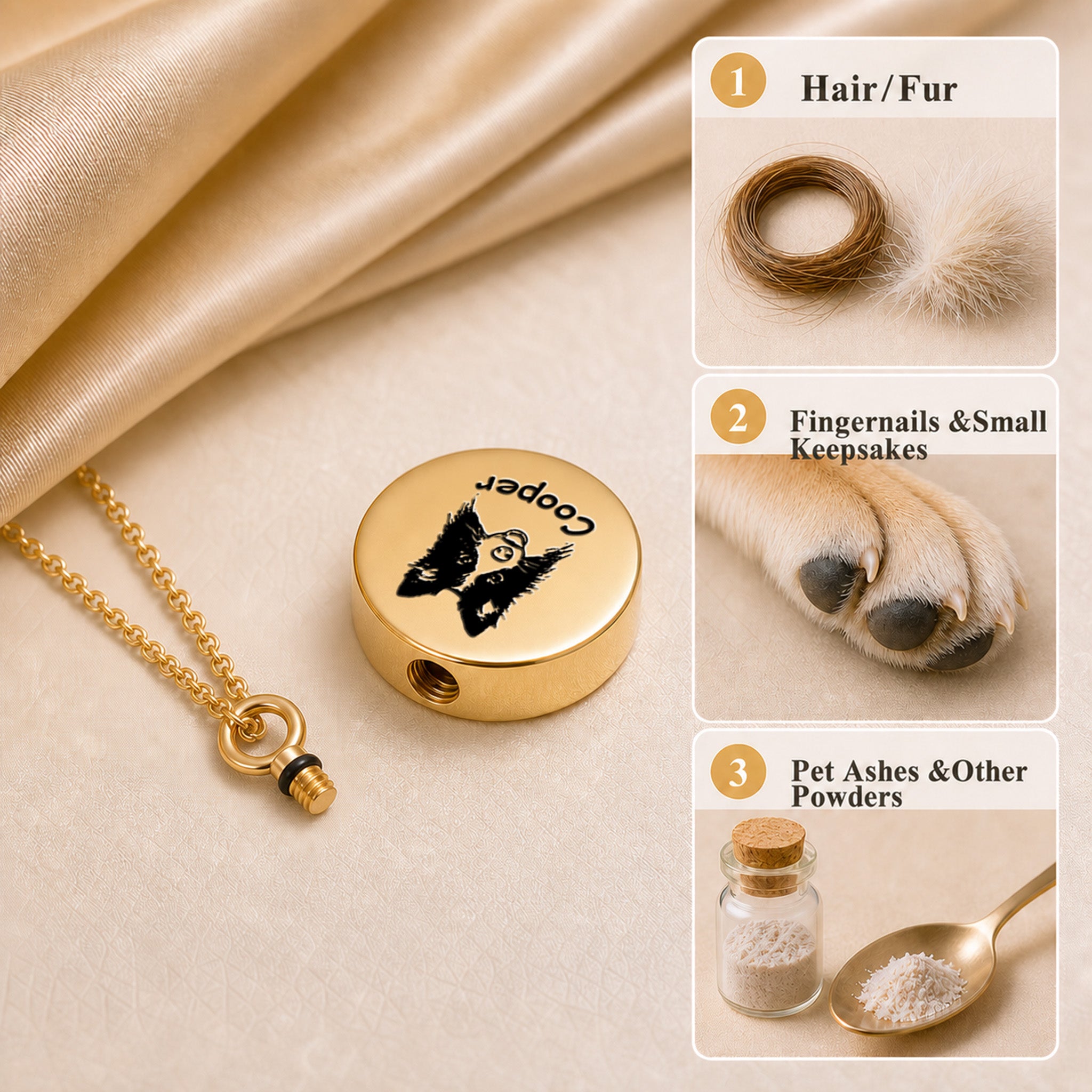 Pet ashes necklace showing urn contents — holds hair, fur, fingernails, small keepsakes, and pet cremation ashes with screw-top opening