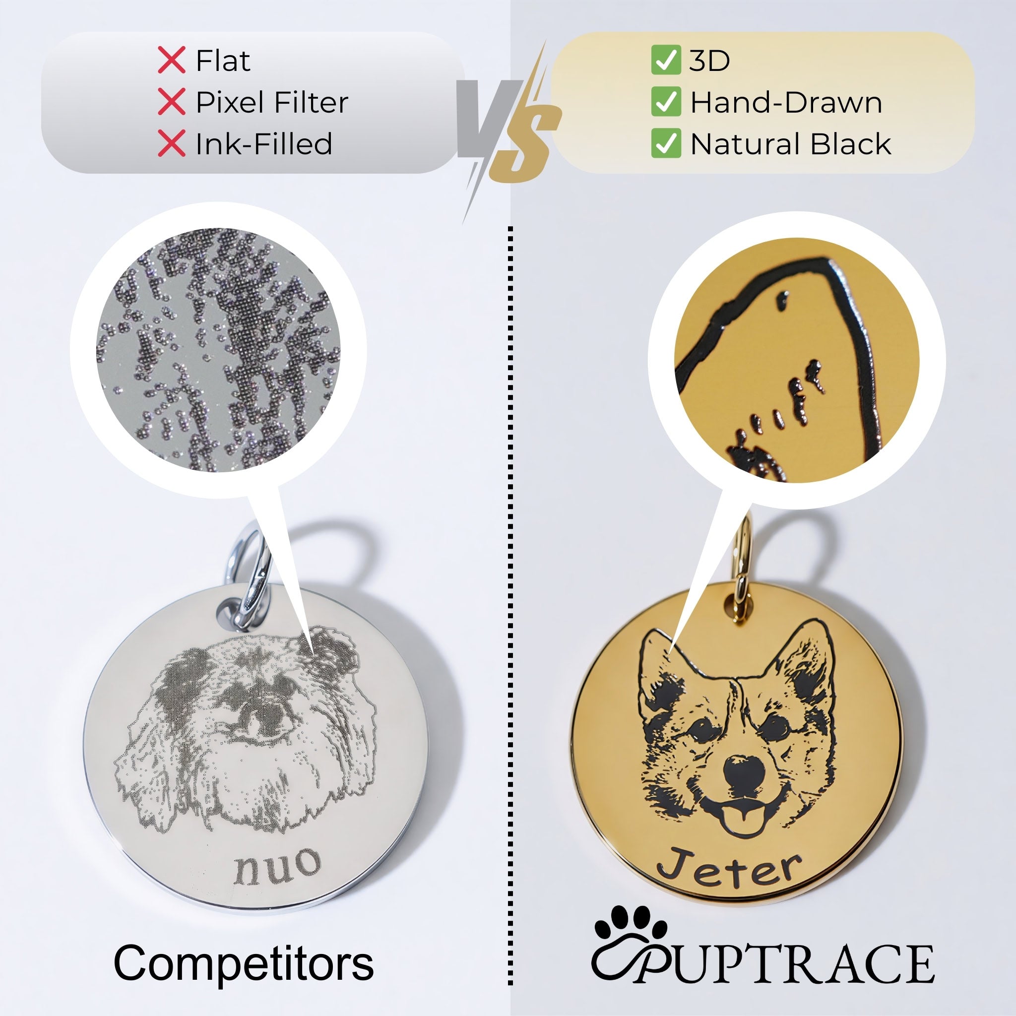Pet face necklace comparison: PupTrace 3D hand-drawn engraving vs competitor flat pixel filter