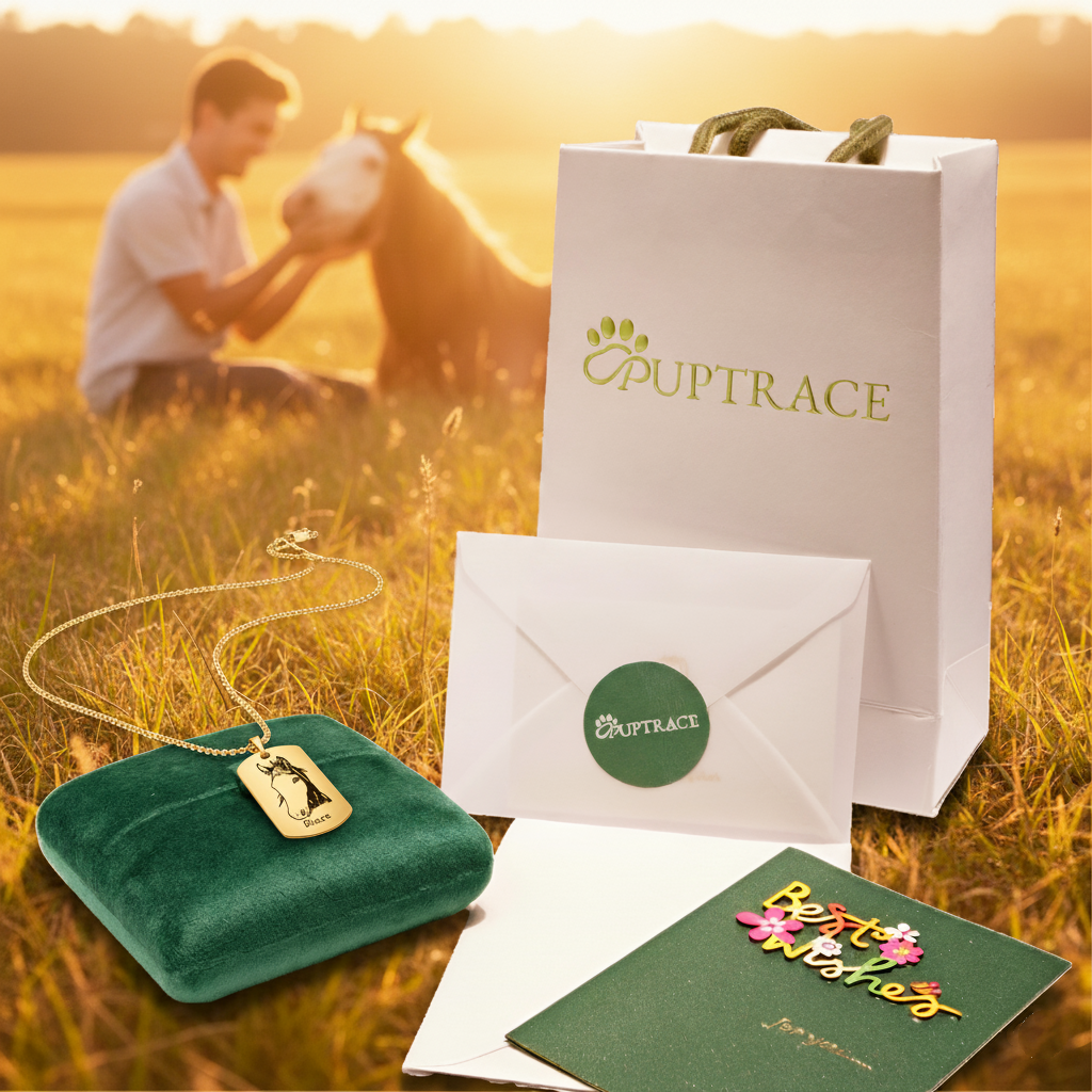 PupTrace gift packaging with gold dog tag pendant necklace in velvet box