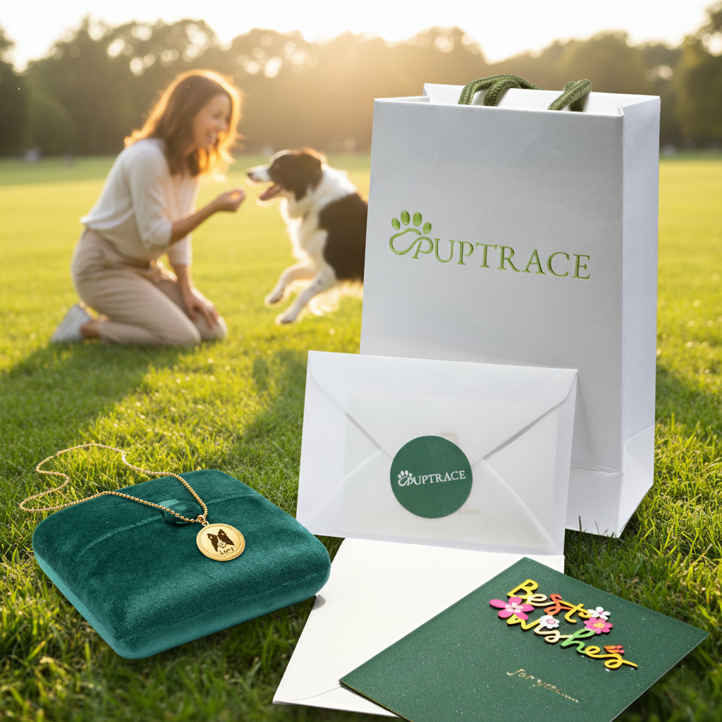 PupTrace gift-ready packaging with gold pet portrait pendant necklace in velvet box