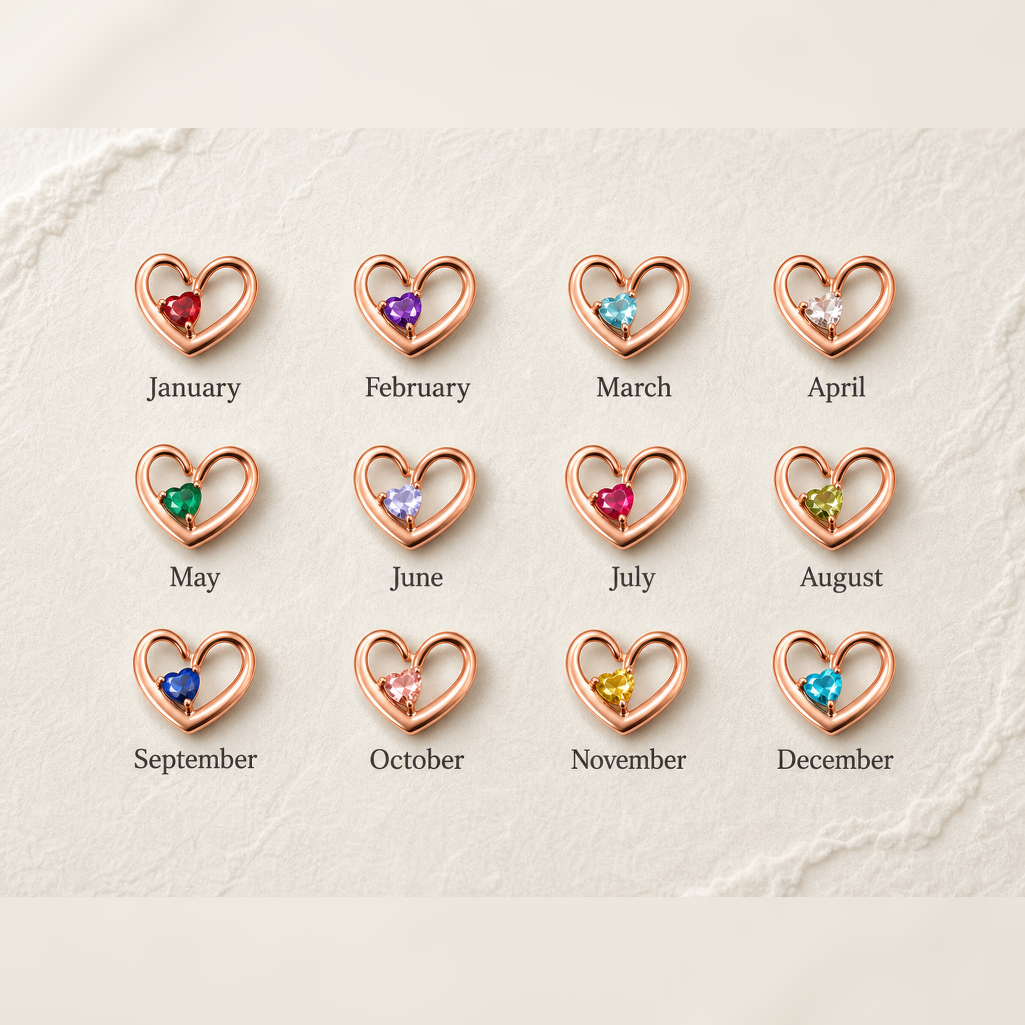 Birthstone color chart showing 12 heart pendants in 18K rose gold, one for each month from January to December