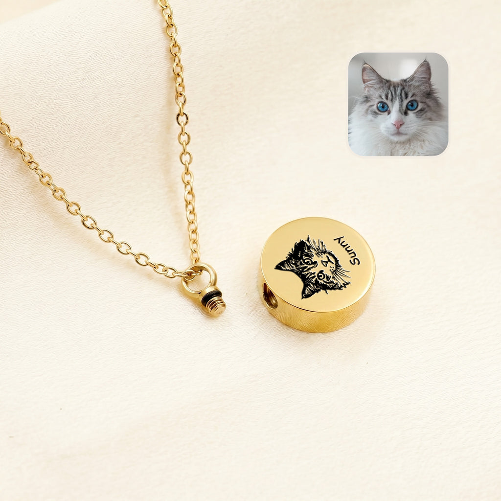 Pet photo disc urn necklace disassembled showing screw cap opening and sealed urn cavity, 18K gold finish with cat portrait engraving