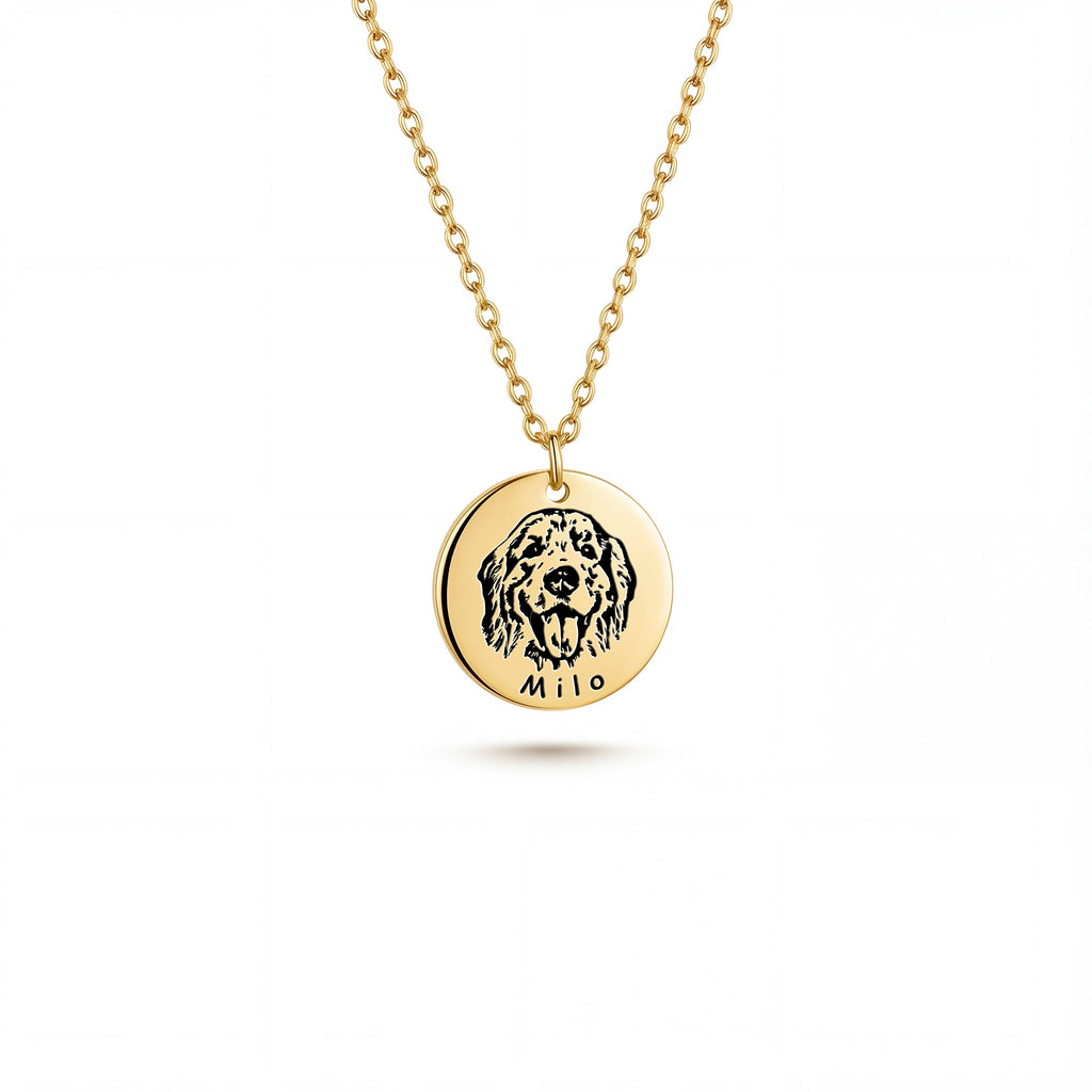 Gold pet face disc pendant necklace with portrait engraving on white background, product view