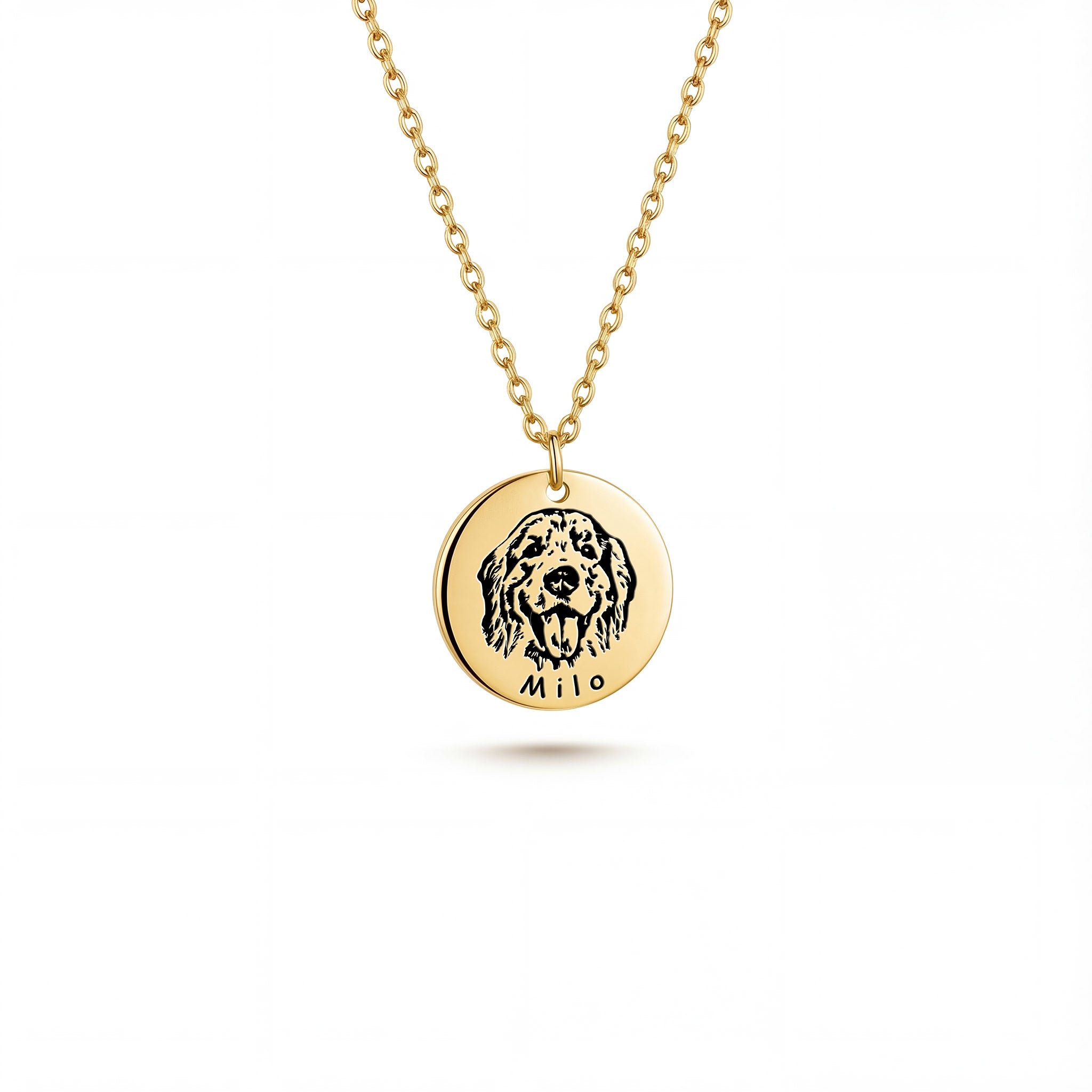 Gold pet face disc pendant necklace with portrait engraving on white background, product view