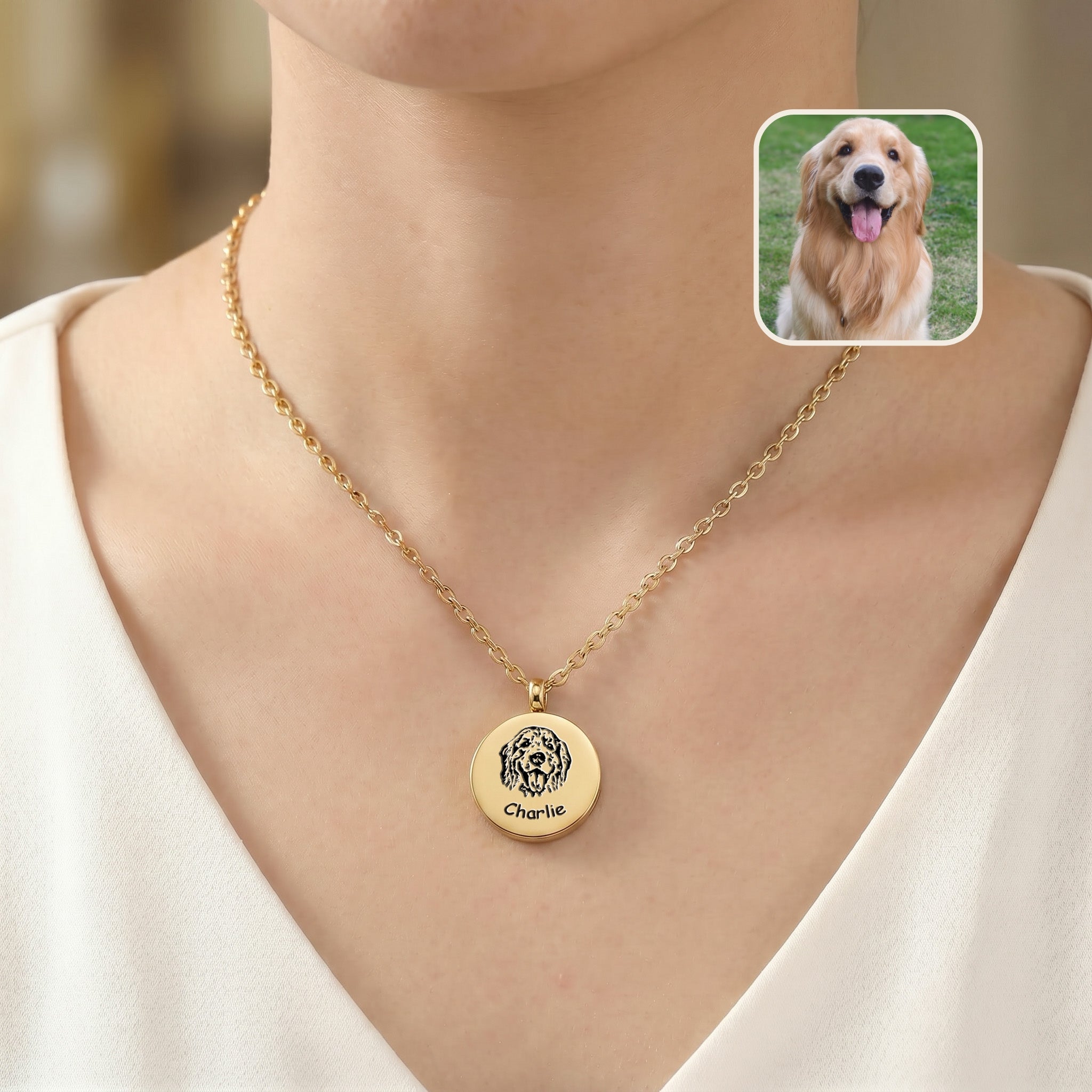 Woman wearing 18K gold pet ashes necklace with golden retriever portrait disc pendant at neckline, lifestyle shot