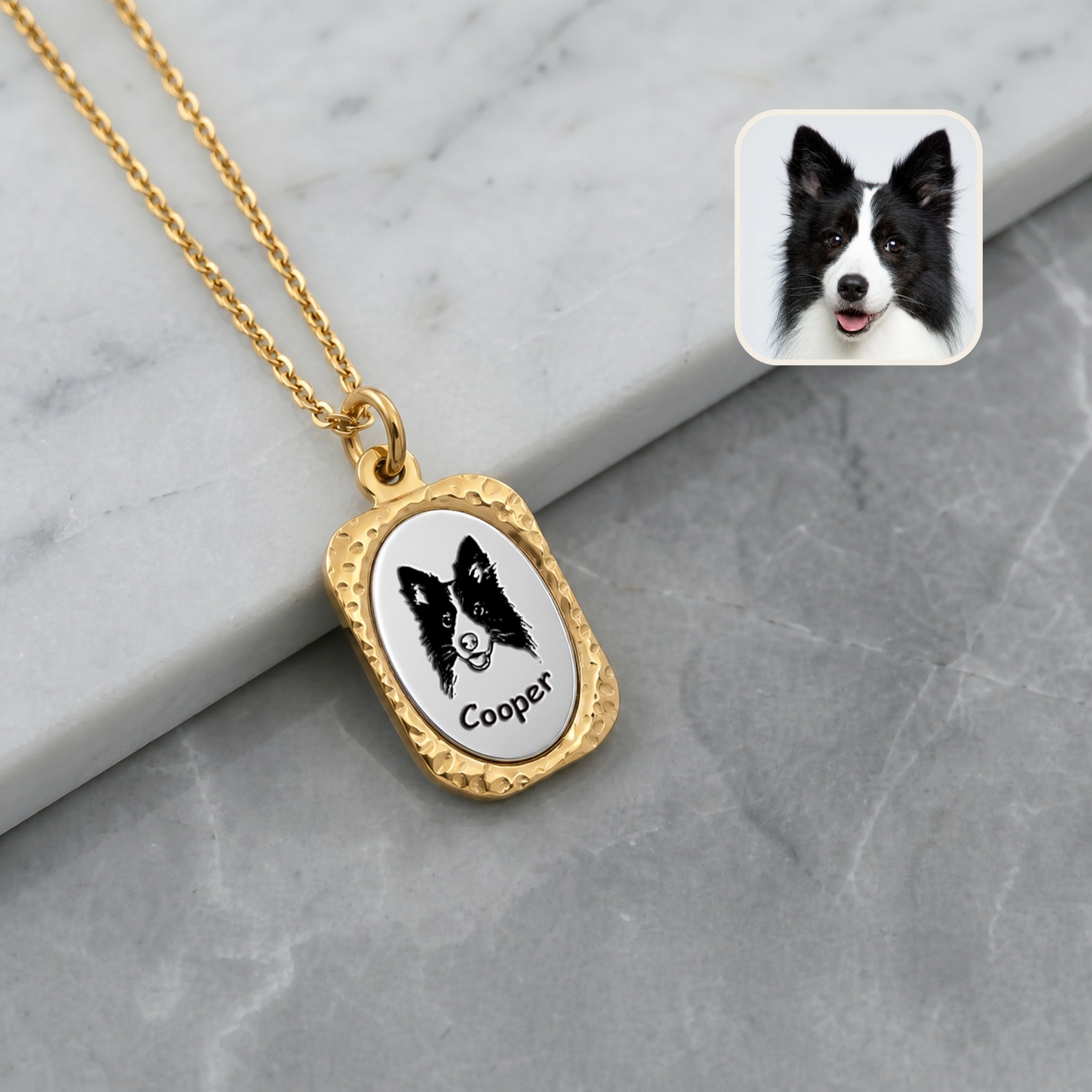18K gold vintage tag pendant necklace with hand-drawn border collie portrait on marble surface