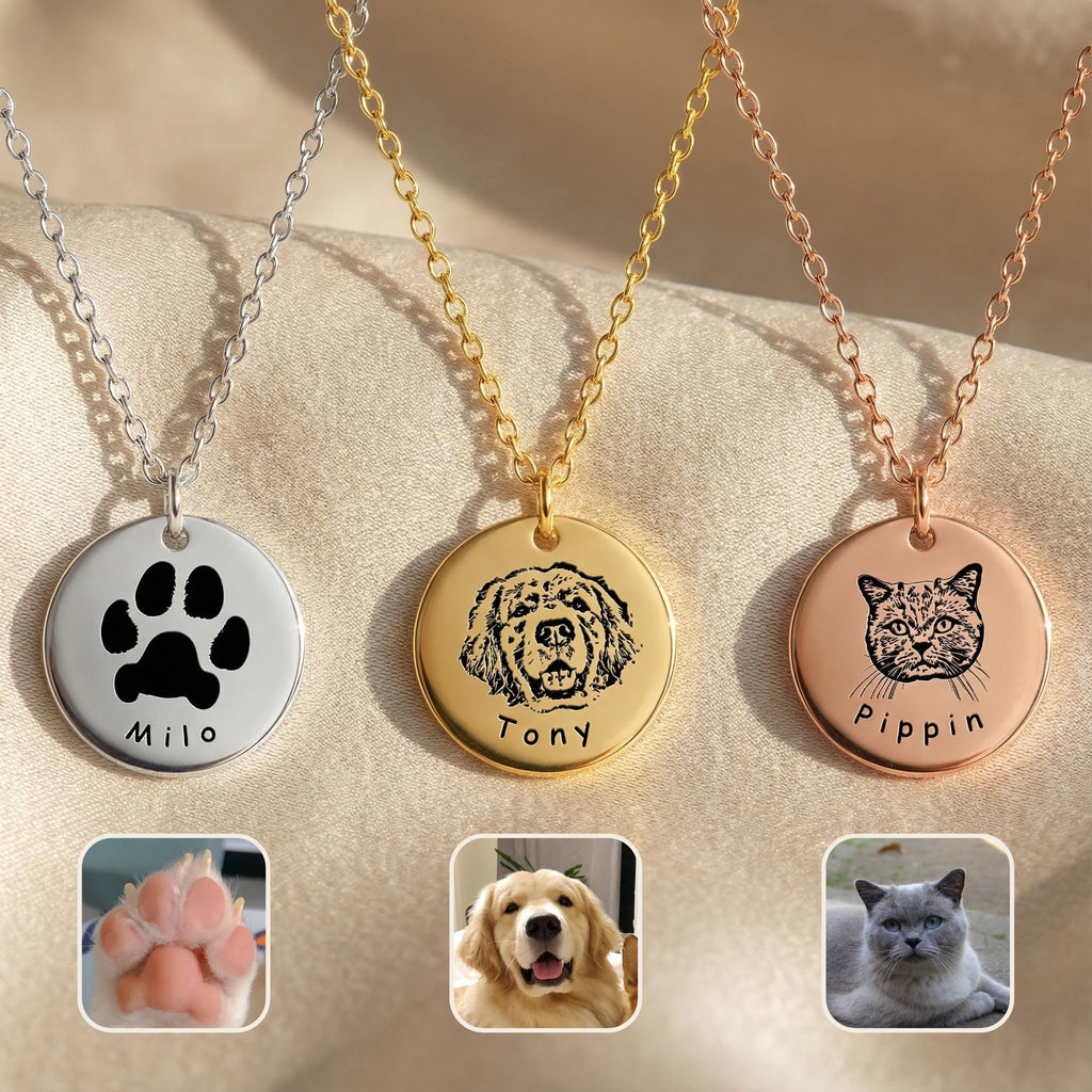 Three pet face necklaces in silver, gold, and rose gold with dog and cat portrait engravings