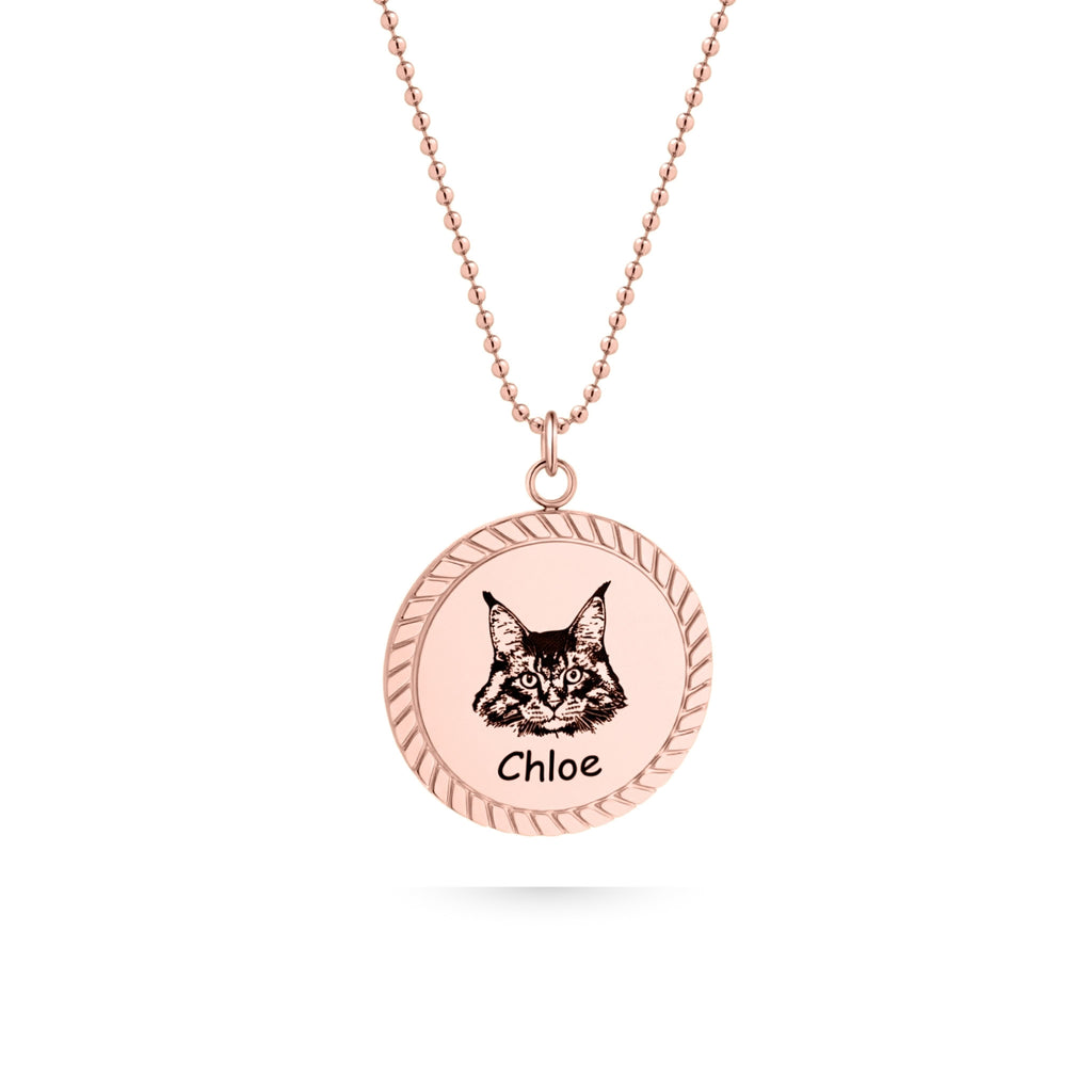 Rose gold rope edge disc pendant necklace with laser-engraved cat portrait on white background