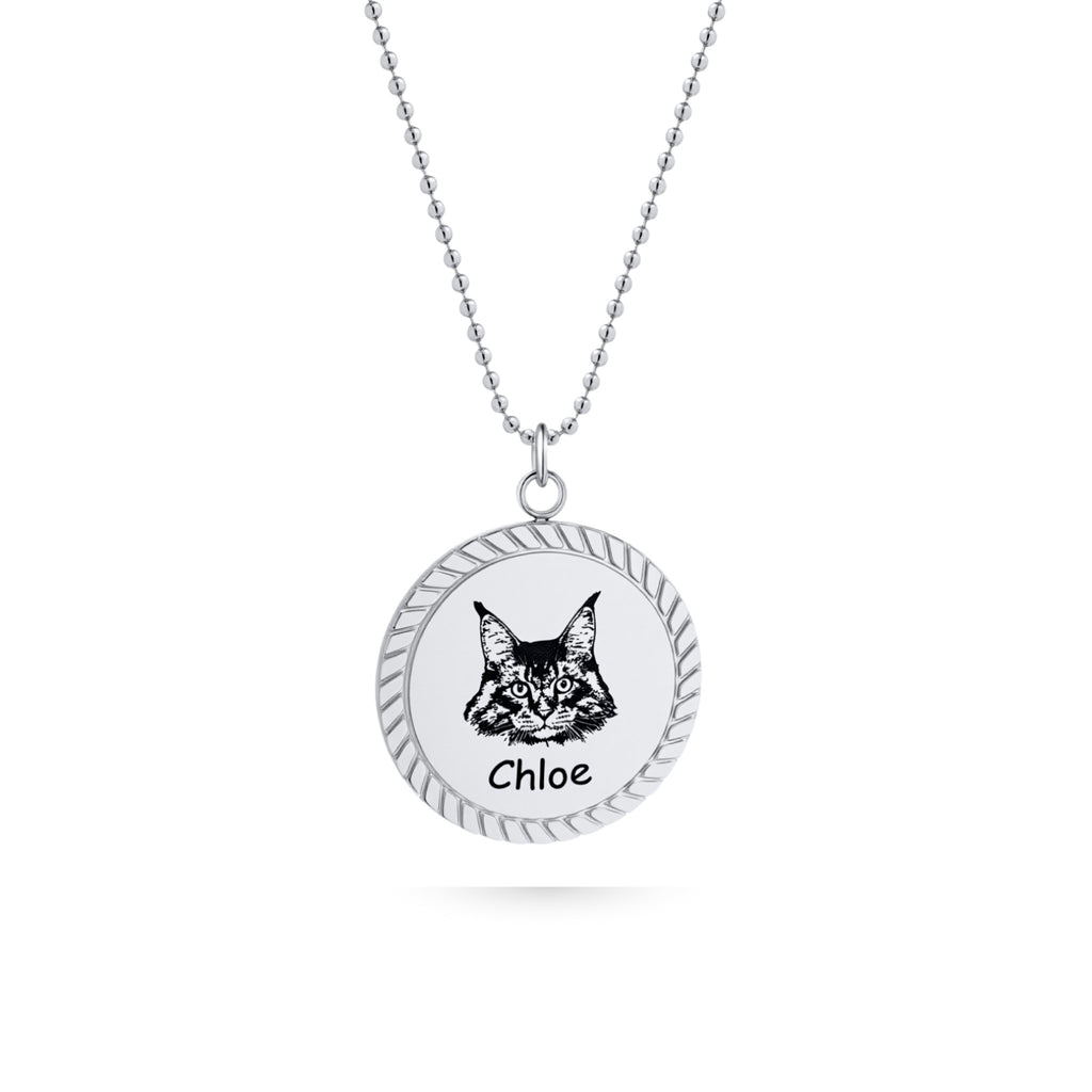 Silver rope edge disc pendant necklace with laser-engraved cat portrait on white background