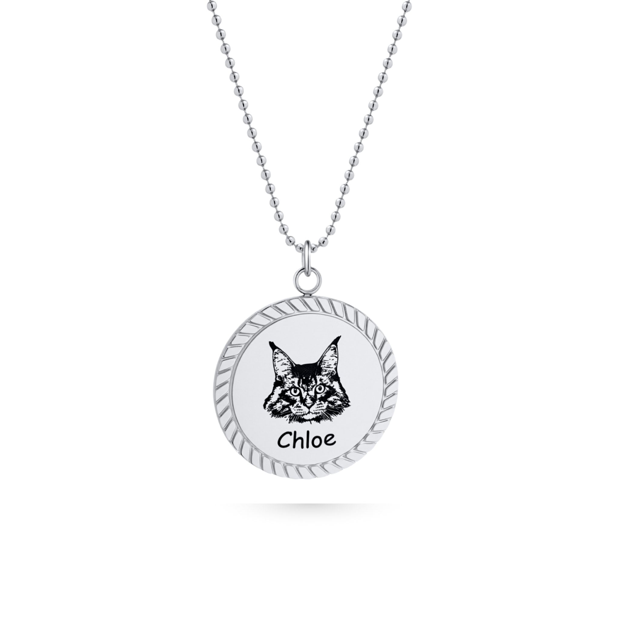 Silver rope edge disc pendant necklace with laser-engraved cat portrait on white background