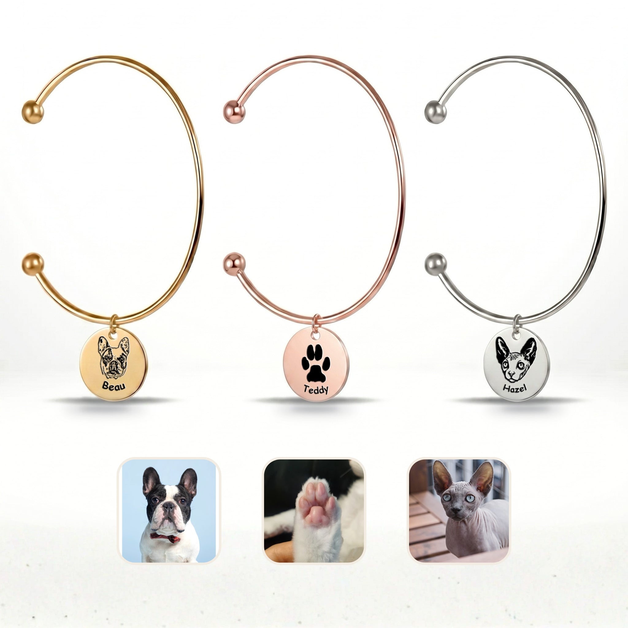 Pet portrait cuff bracelet shown in 18K gold, rose gold, and rhodium finishes
