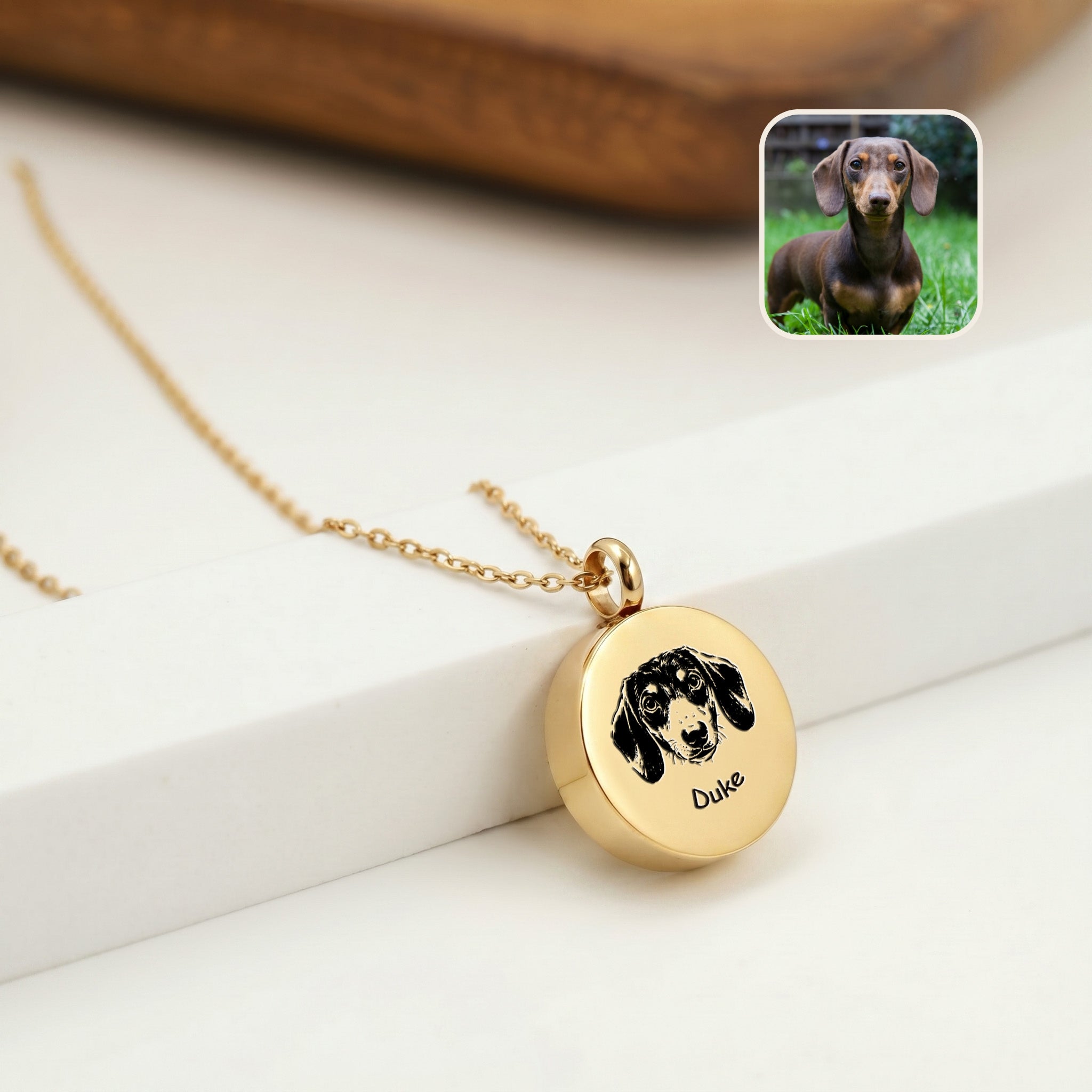 18K gold pet ashes necklace with hand-drawn dachshund portrait on disc urn pendant