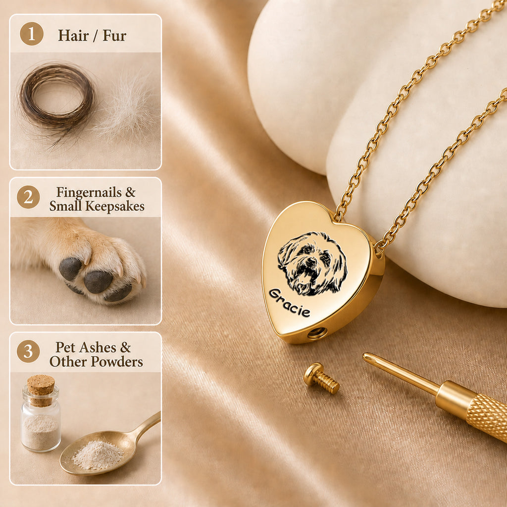 18k gold heart urn necklace flat lay showing keepsake options — hair, fingernails, pet ashes