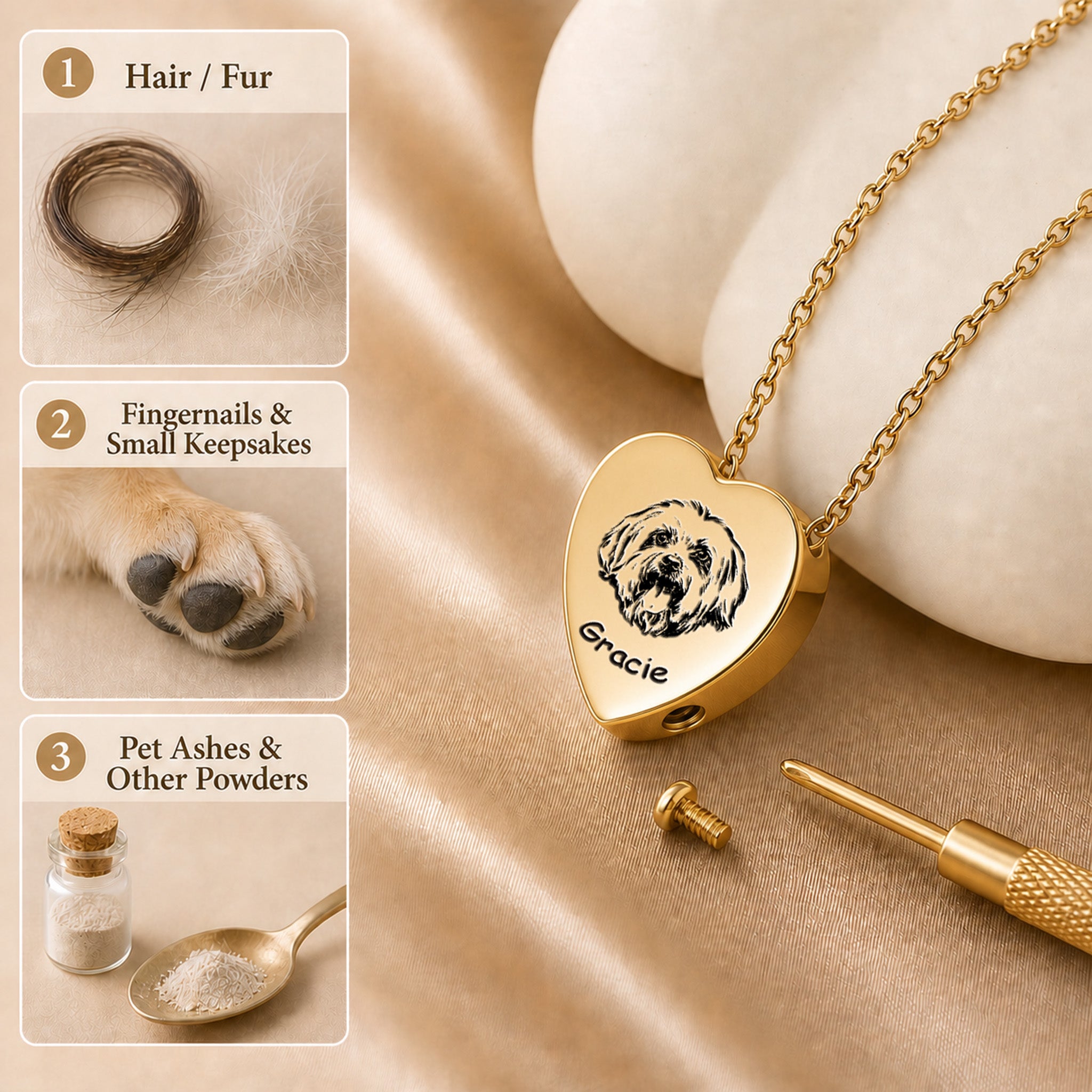 18k gold heart urn necklace flat lay showing keepsake options — hair, fingernails, pet ashes