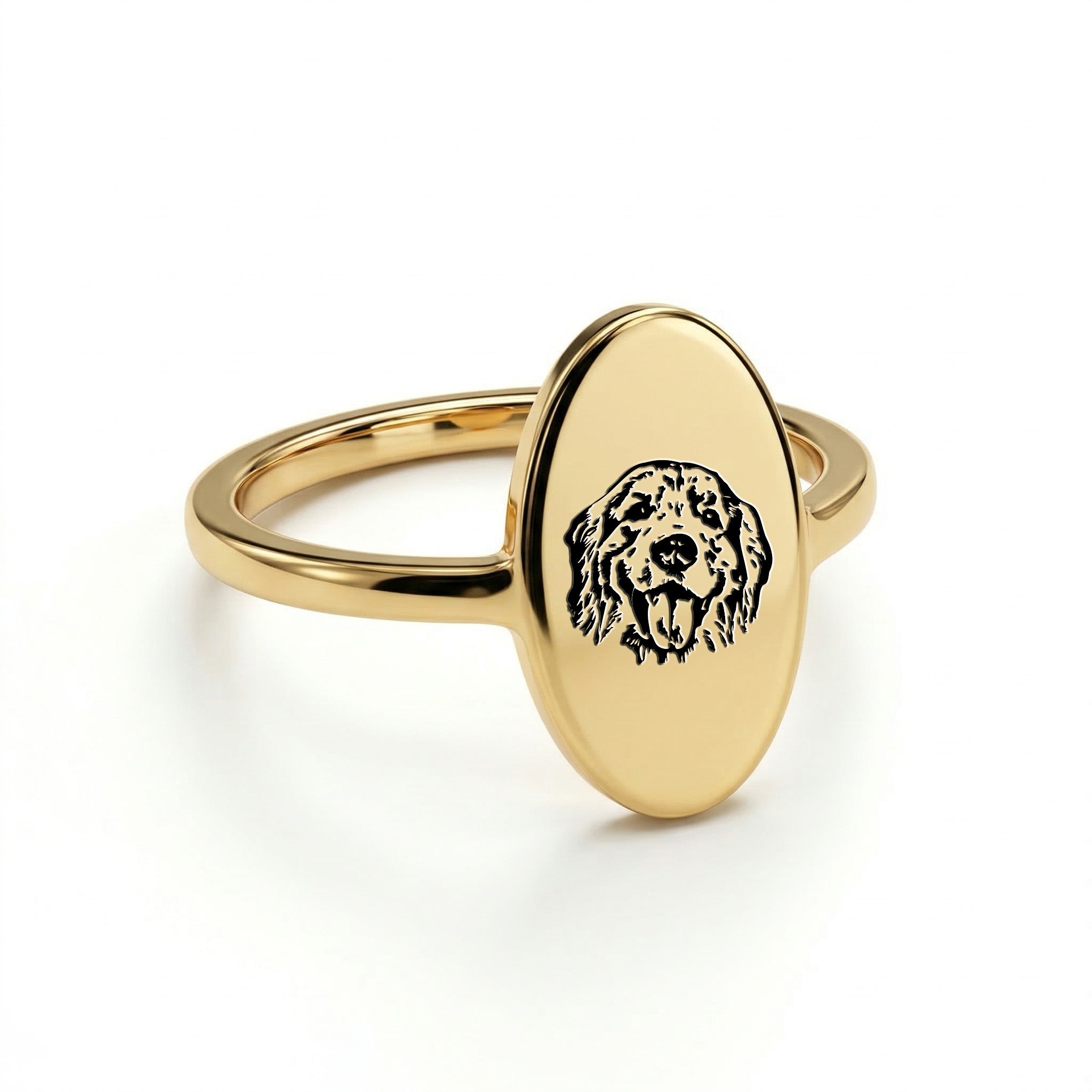 Gold oval signet ring standing upright, hand-drawn pet portrait set low on a tall oval face, slim band, plain white background