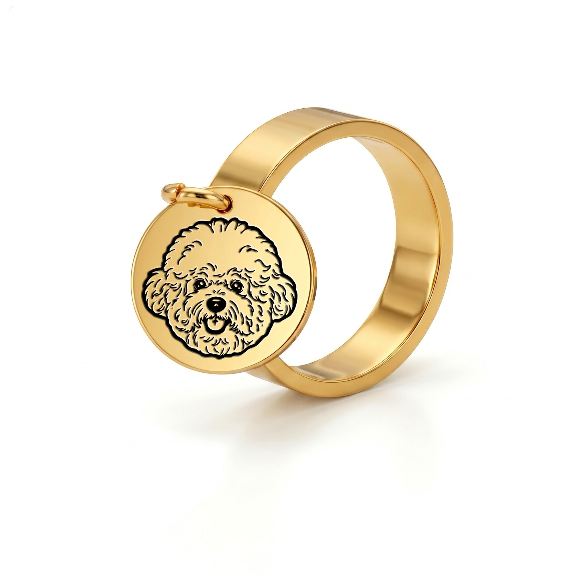 Yellow-gold wide-band ring with a small dangling pet-portrait disc charm, on a plain white background